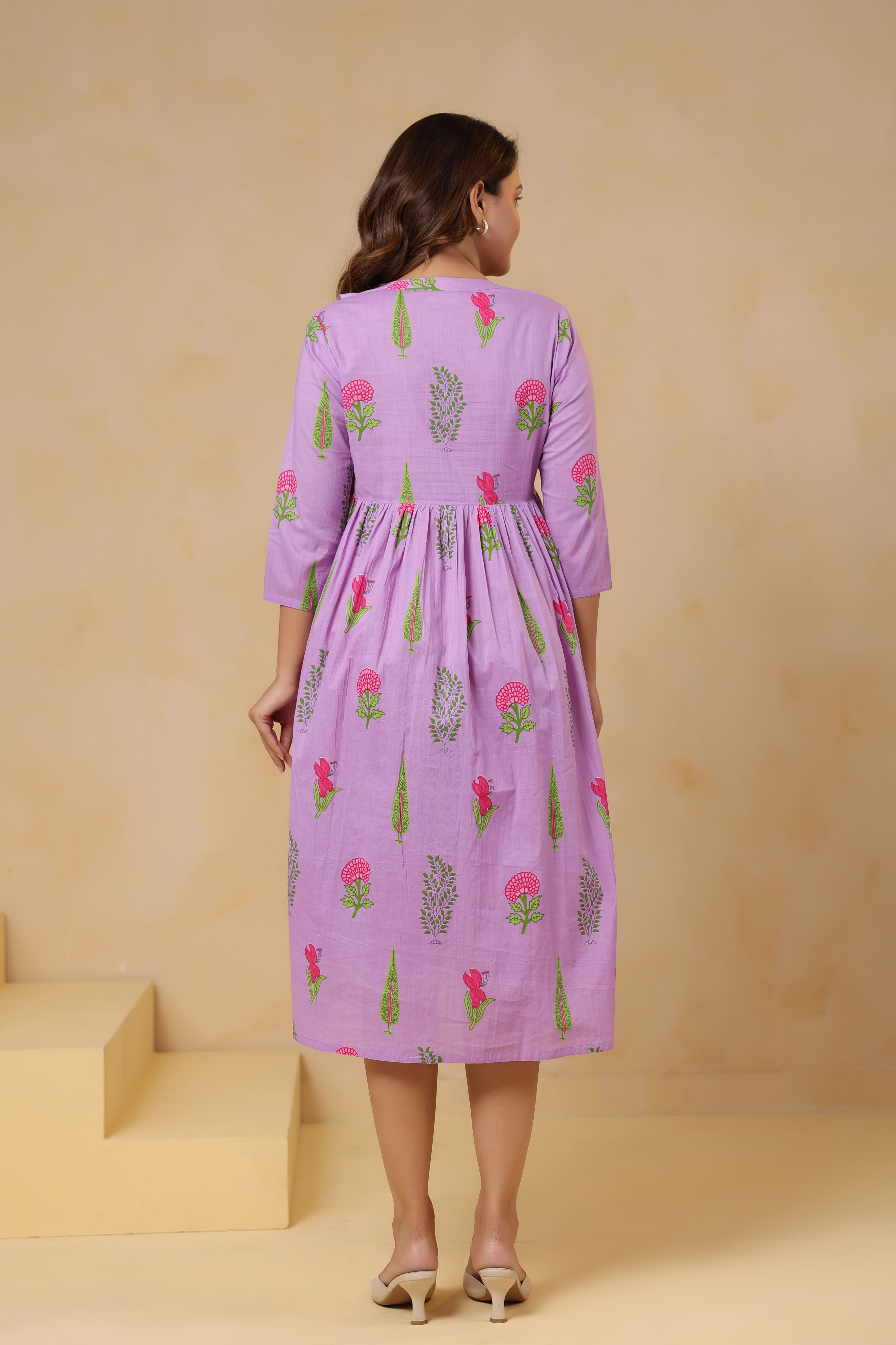 Lilac Glow Mughal Boota Cotton Maternity - Nursing Dress