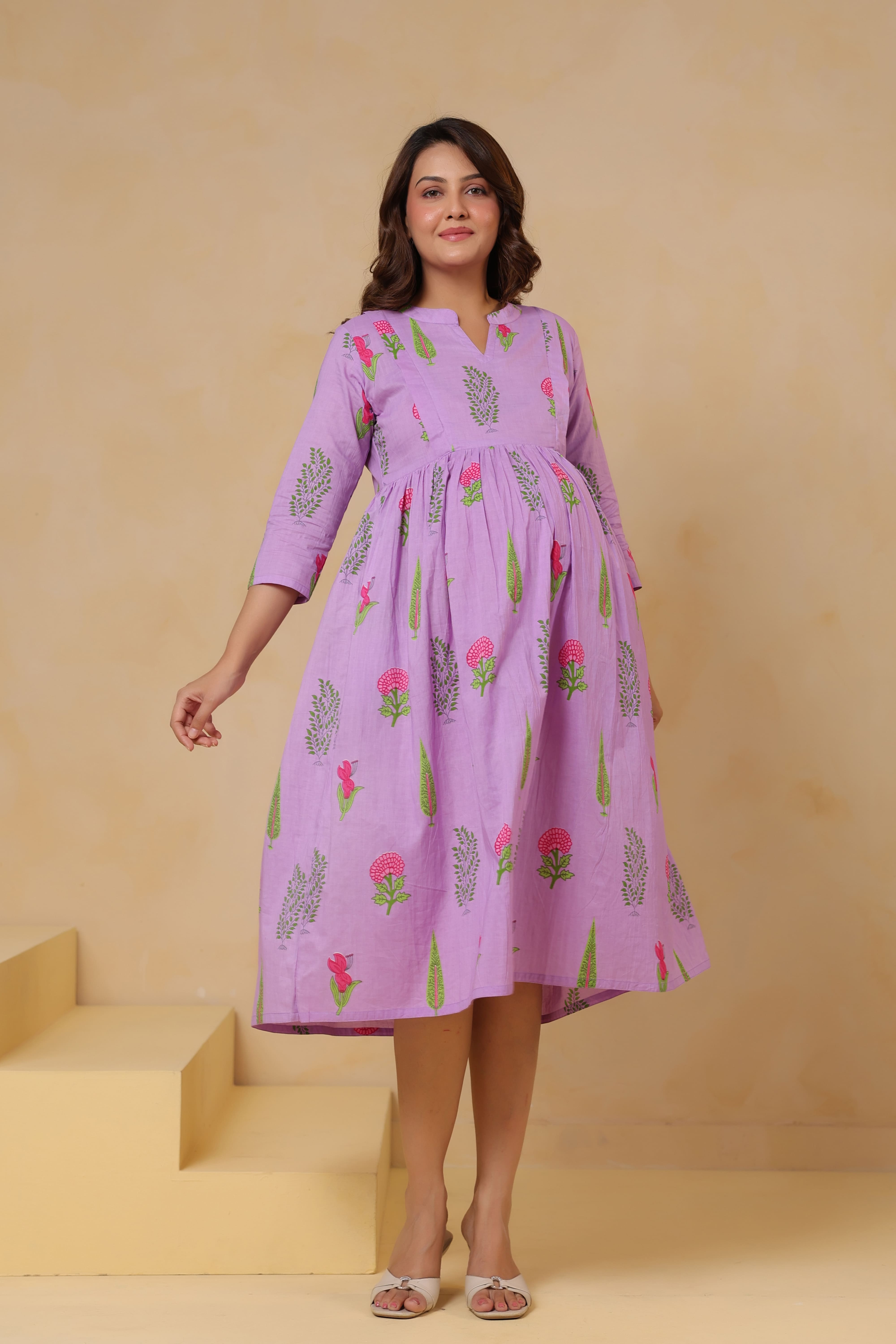 Lilac Glow Mughal Boota Cotton Maternity - Nursing Dress