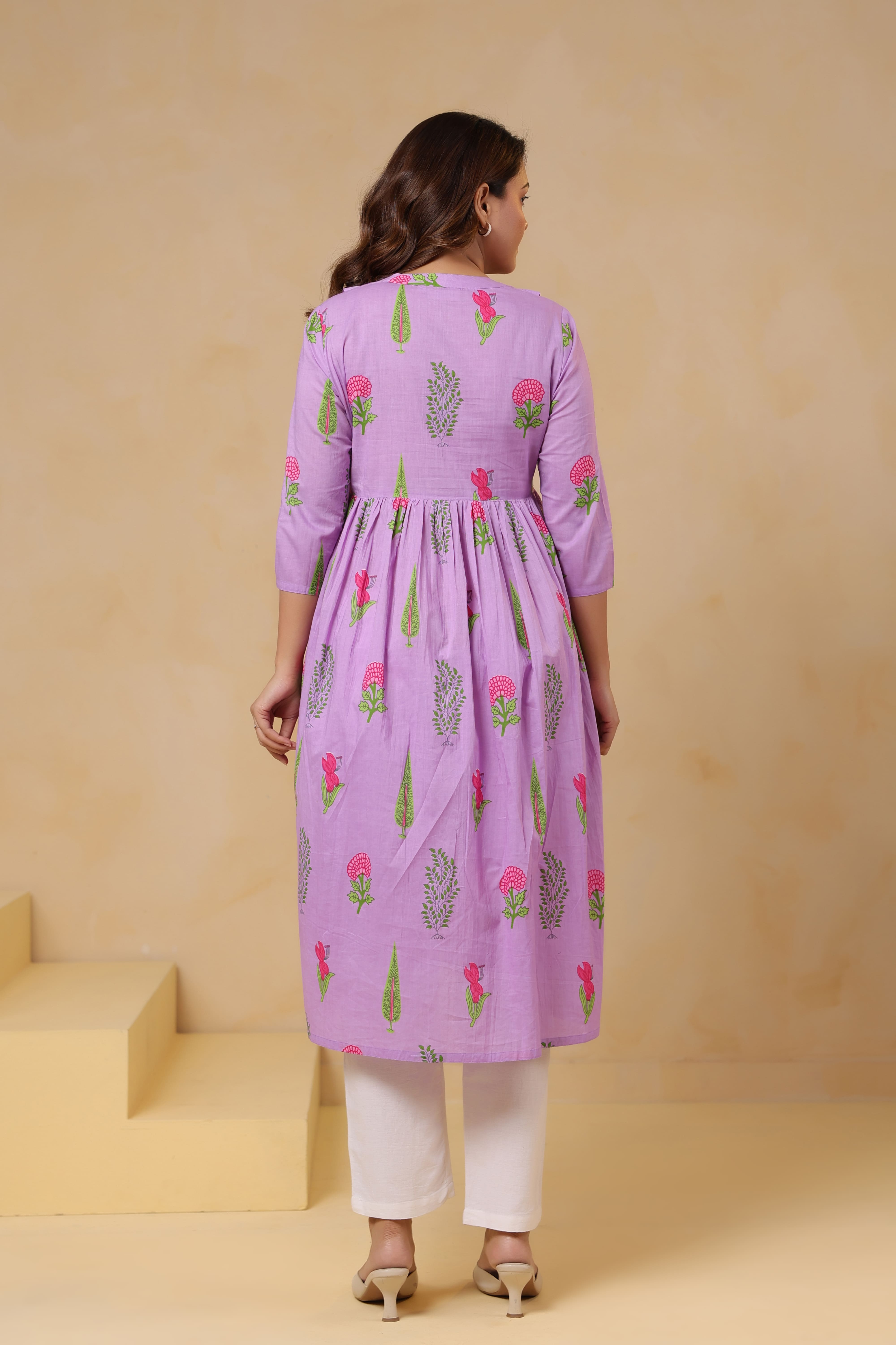 Lilac Glow Mughal Boota Cotton Maternity - Nursing Kurta