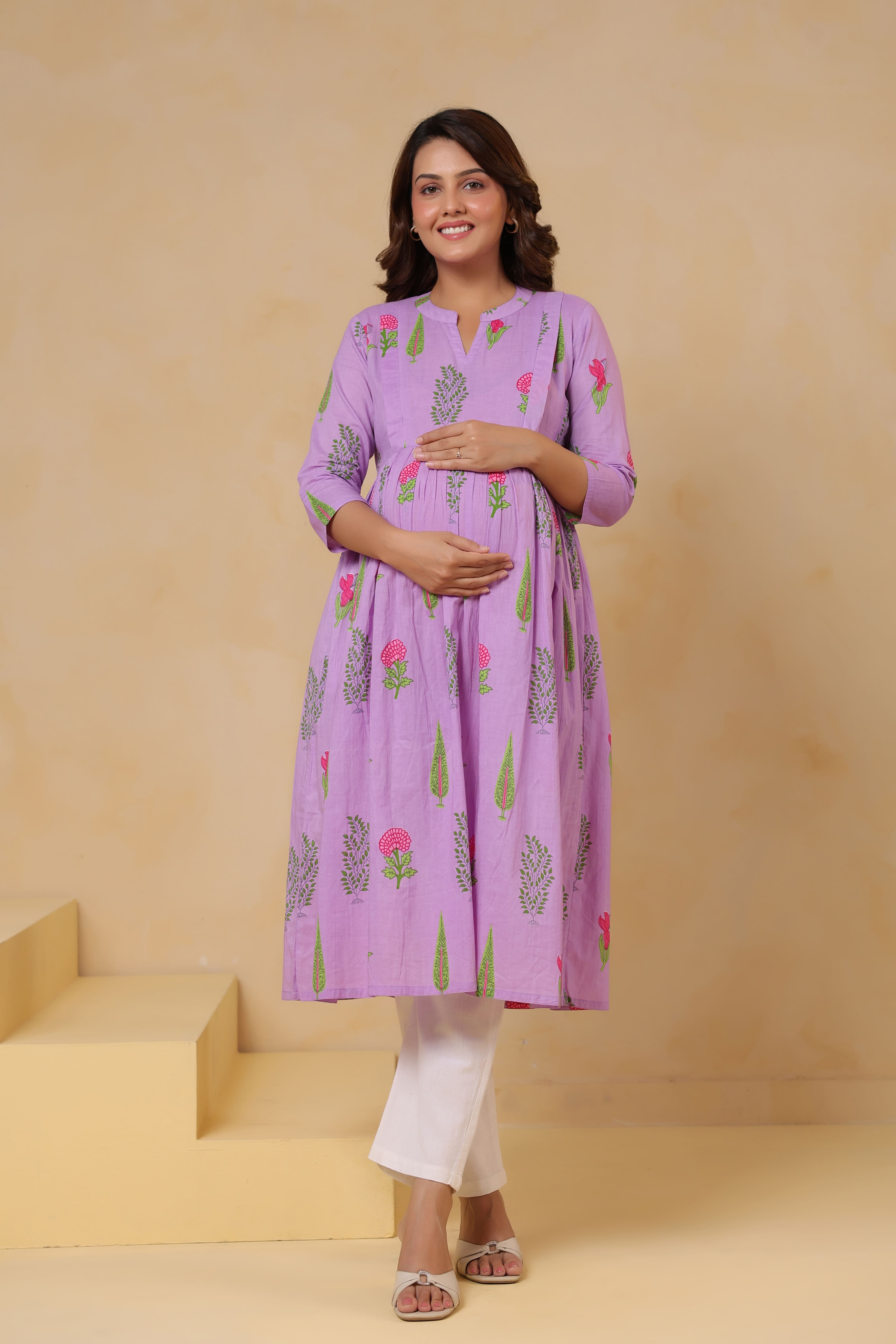 Lilac Glow Mughal Boota Cotton Maternity - Nursing Kurta