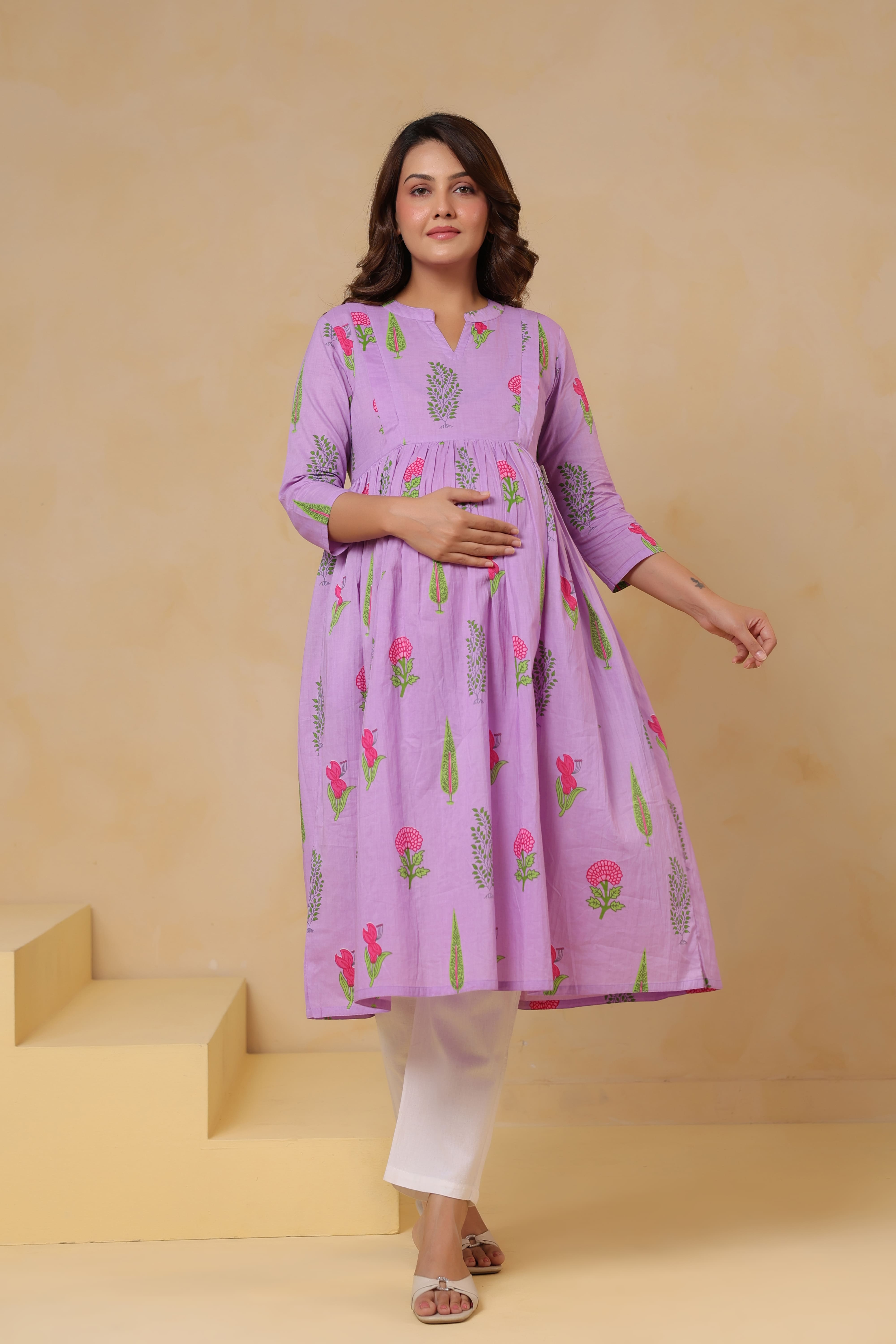 Lilac Glow Mughal Boota Cotton Maternity - Nursing Kurta