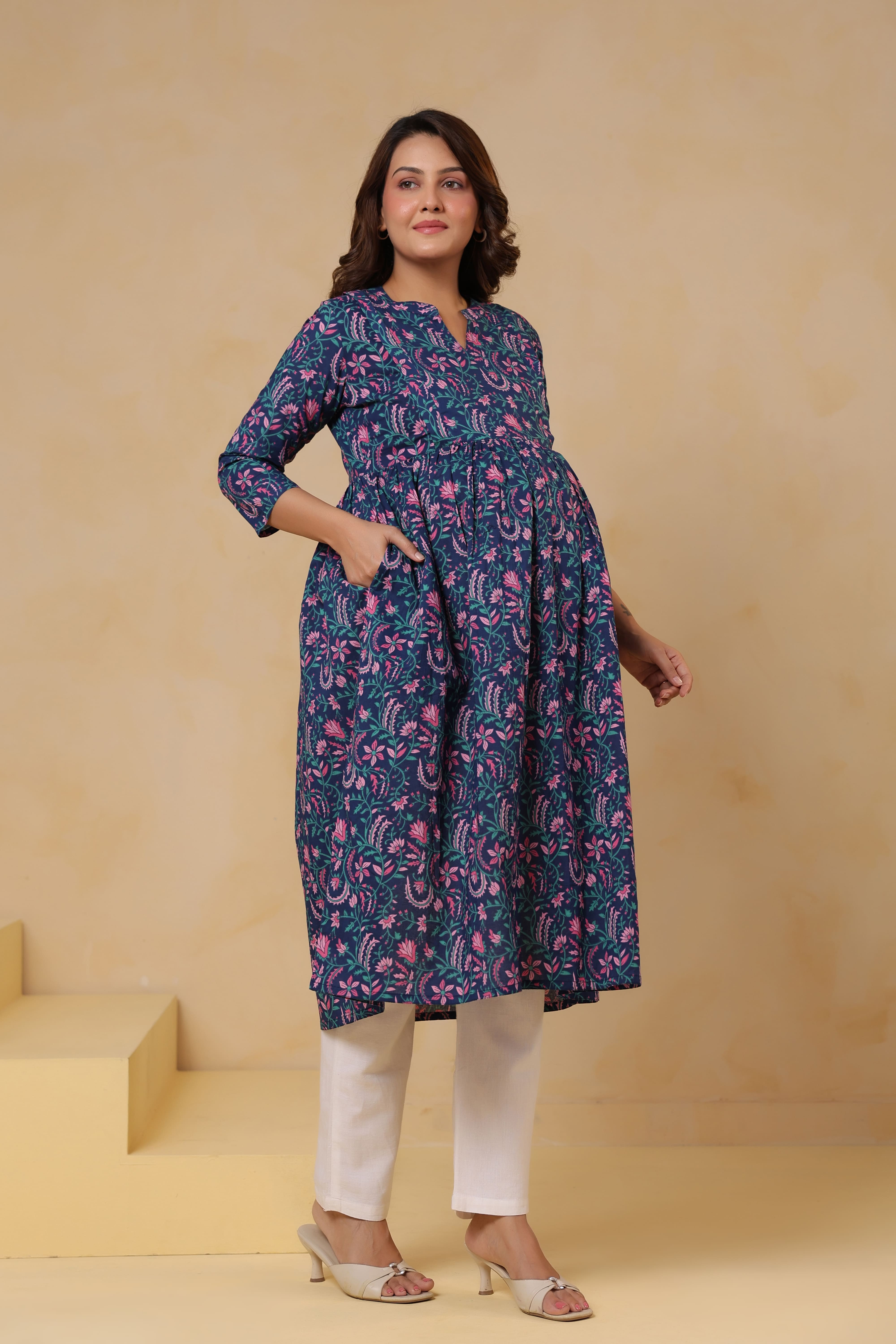 Vintage Blue Floral Cotton Maternity - Nursing Kurta