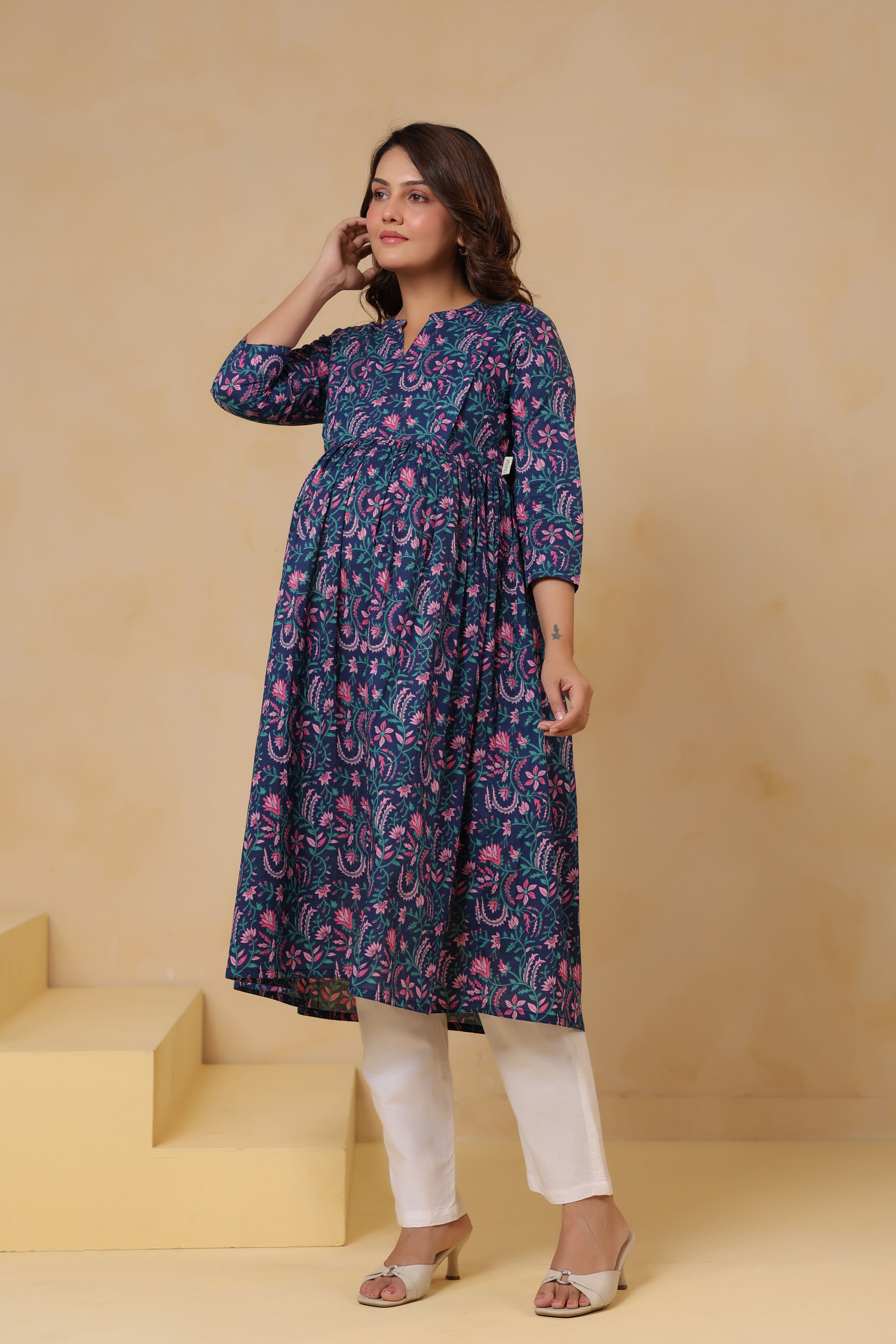 Vintage Blue Floral Cotton Maternity - Nursing Kurta