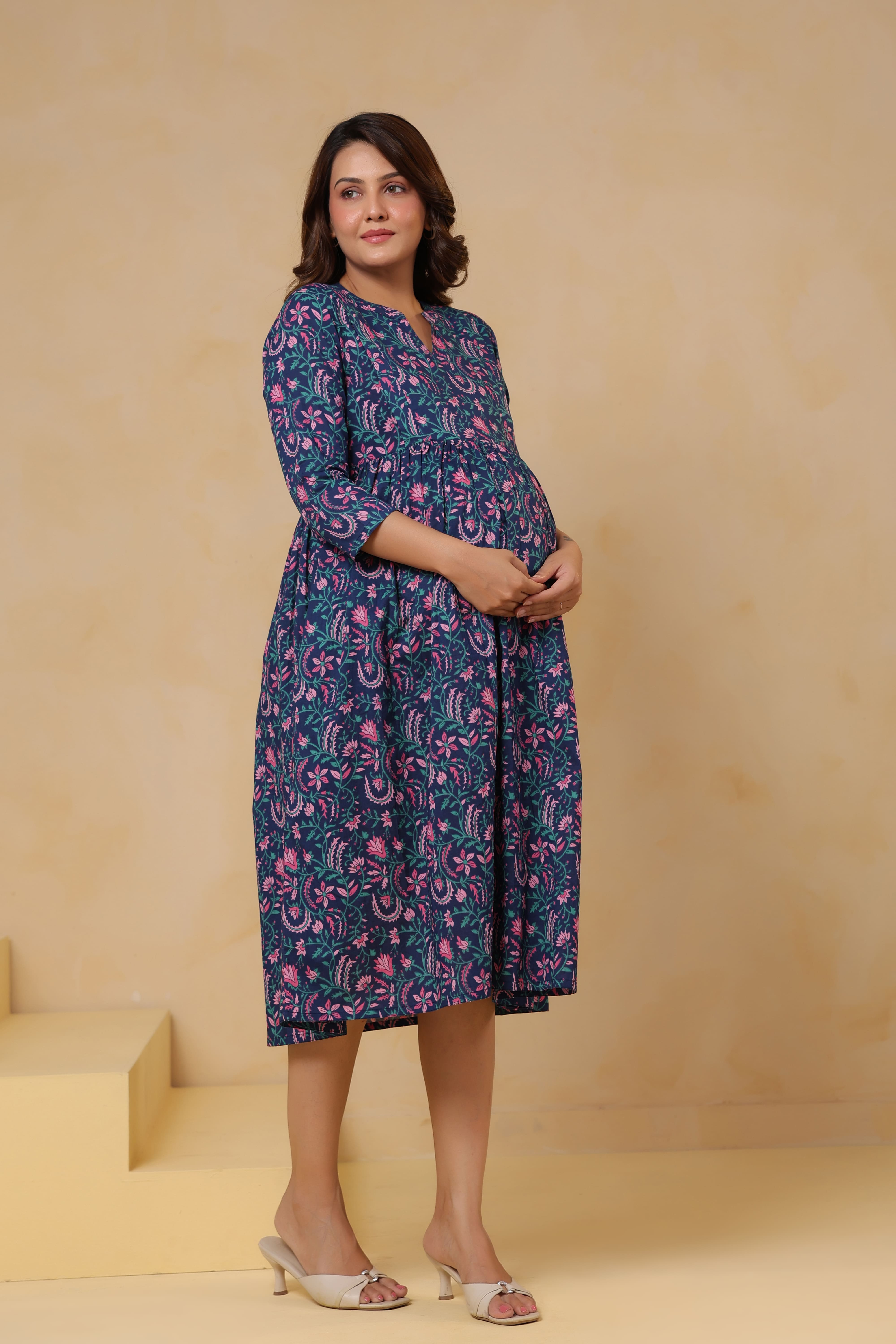 Vintage Blue Floral Cotton Maternity - Nursing Dress