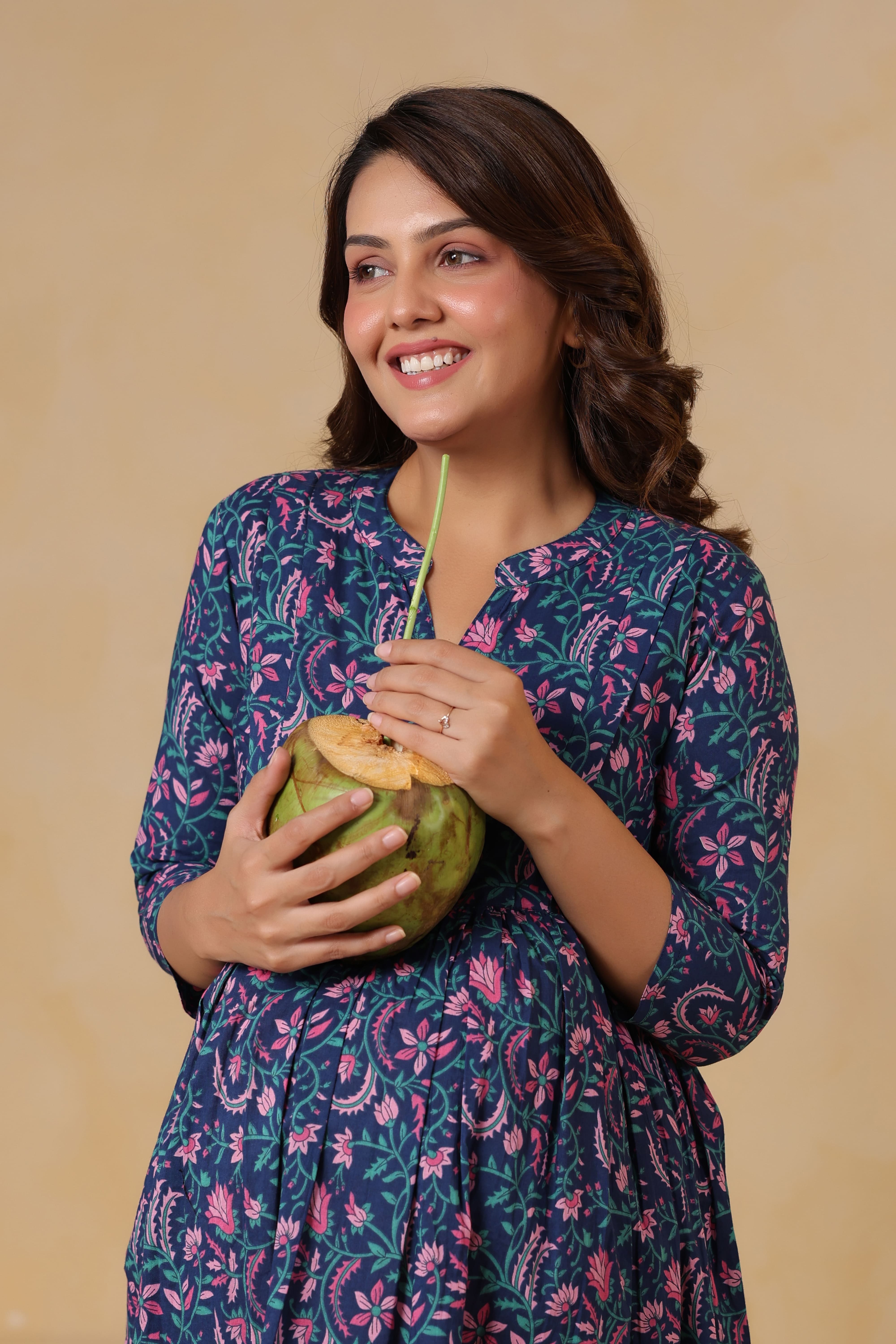 Vintage Blue Floral Cotton Maternity - Nursing Dress