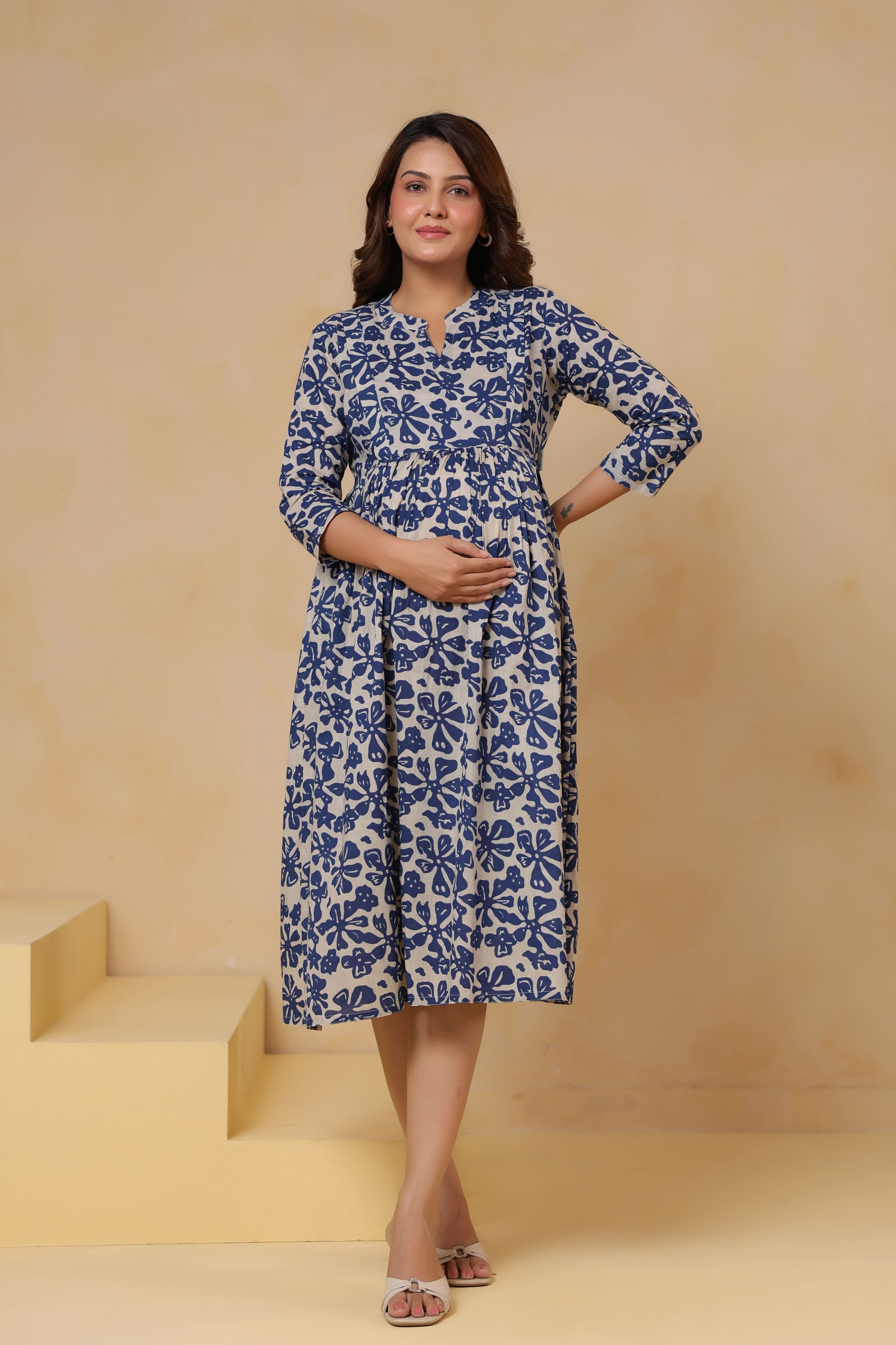 Indigo Ditsy Cotton Maternity - Nursing Dress