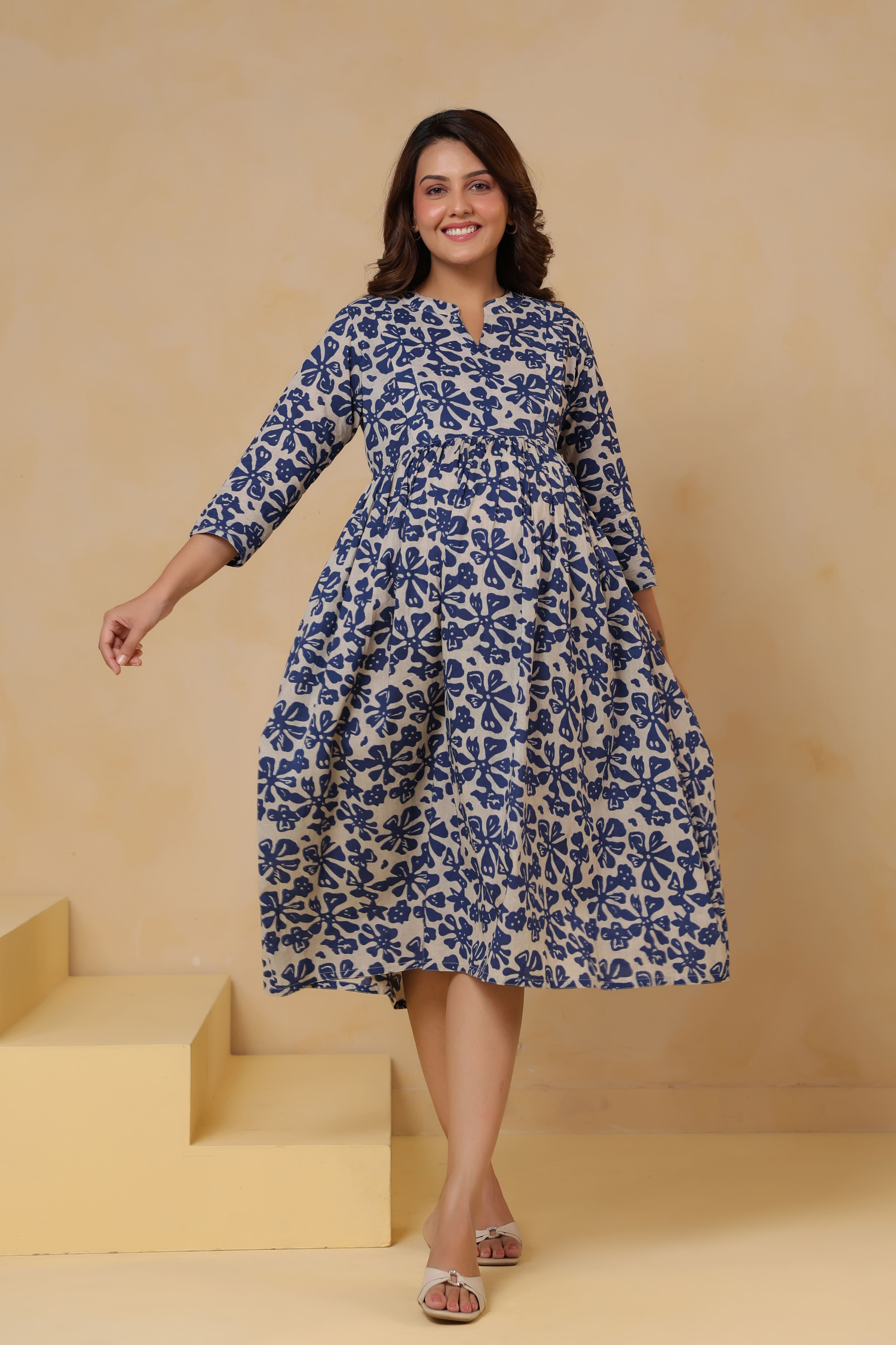 Indigo Ditsy Cotton Maternity - Nursing Dress