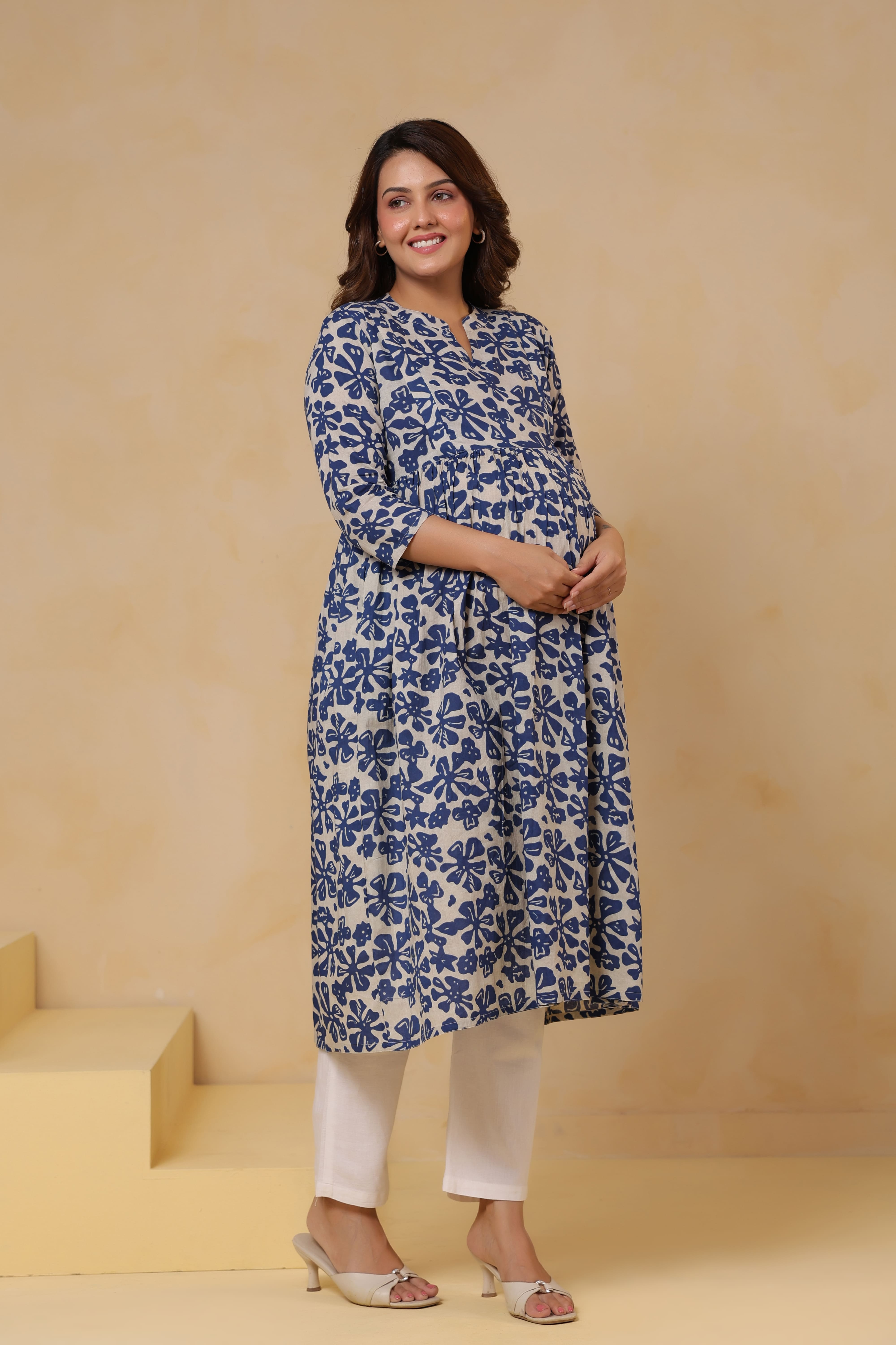 Indigo Ditsy Cotton Maternity - Nursing Kurta