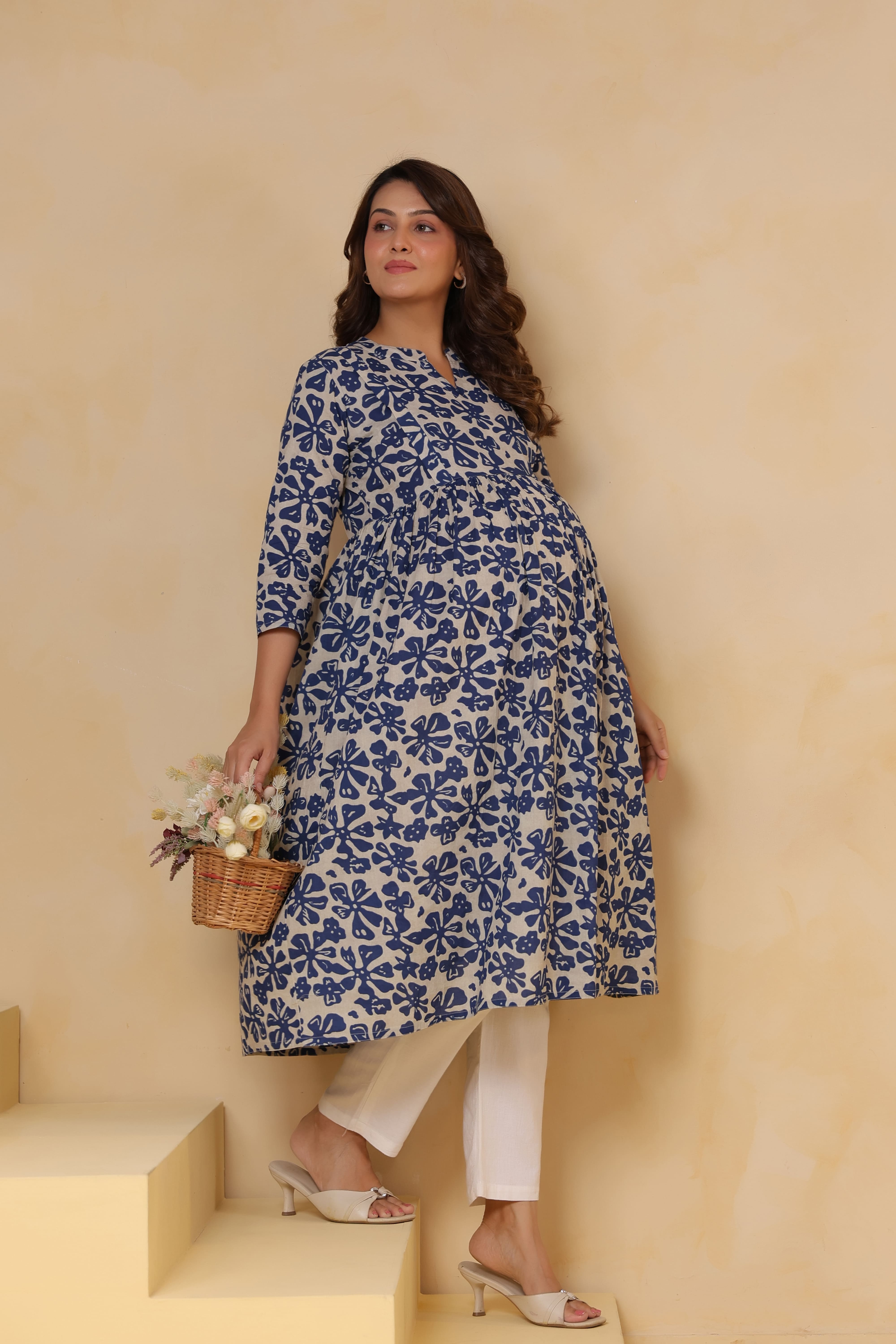 Indigo Ditsy Cotton Maternity - Nursing Kurta