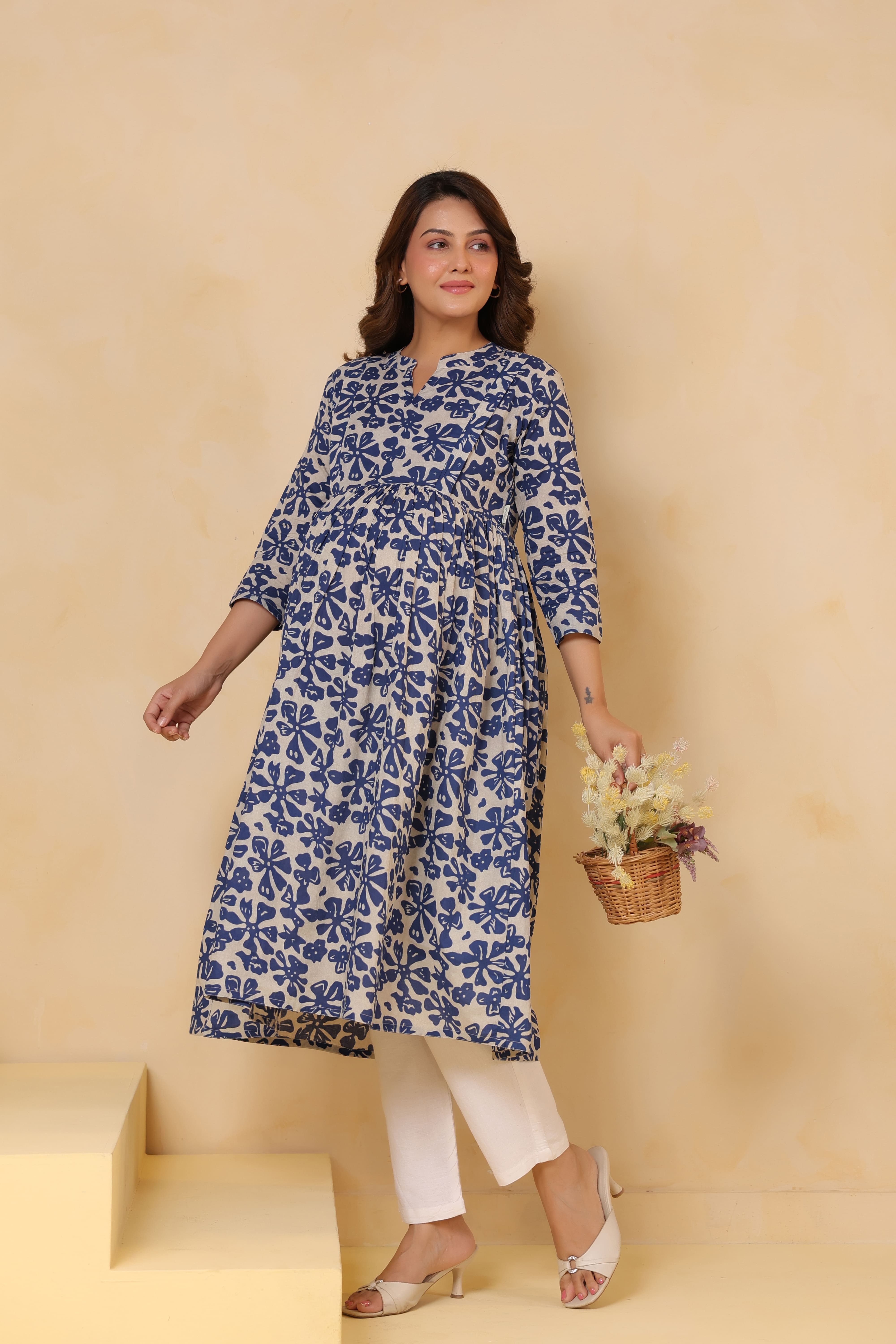 Indigo Ditsy Cotton Maternity - Nursing Kurta