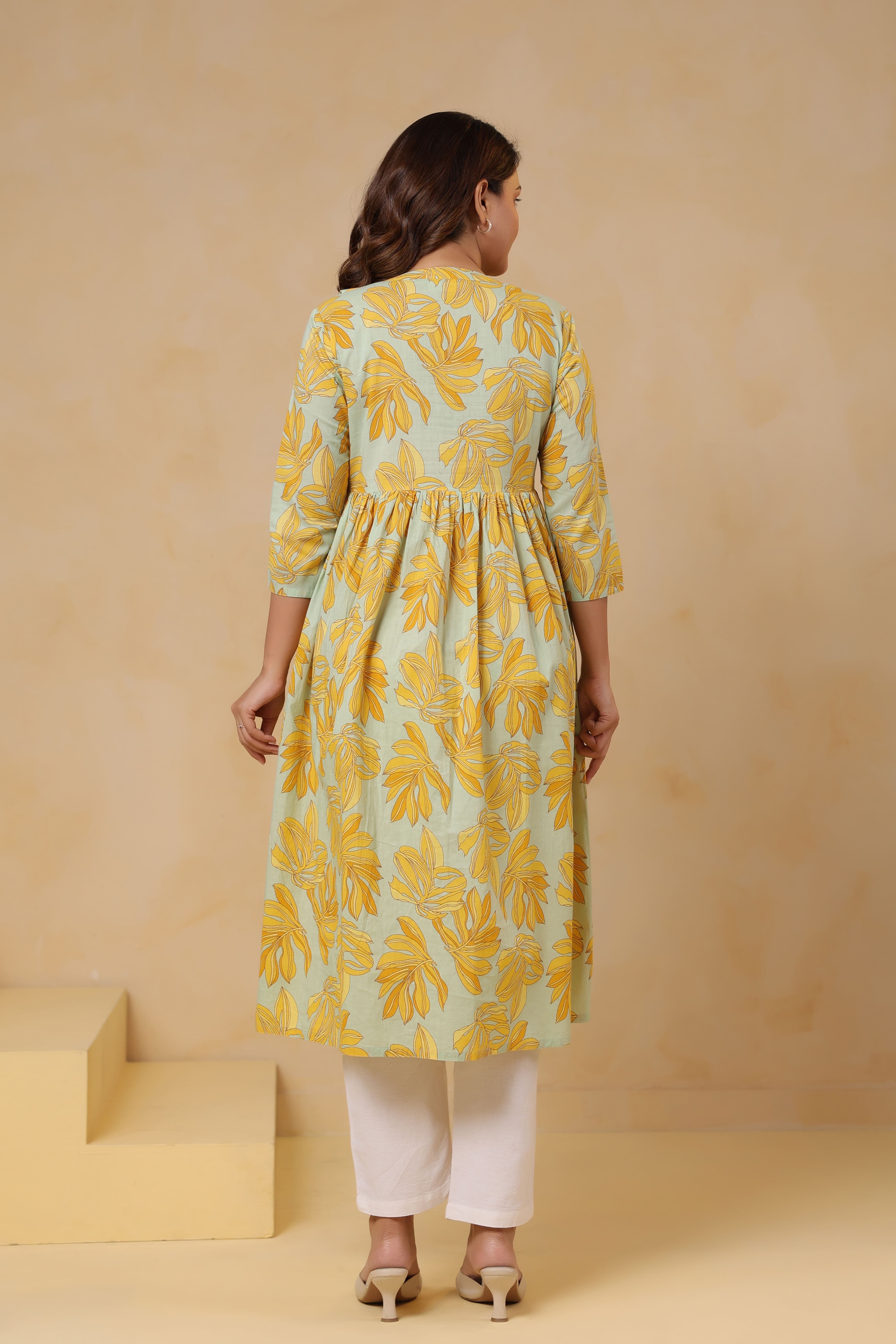 Buttter Yellow Leafy Cotton Maternity - Nursing Kurta