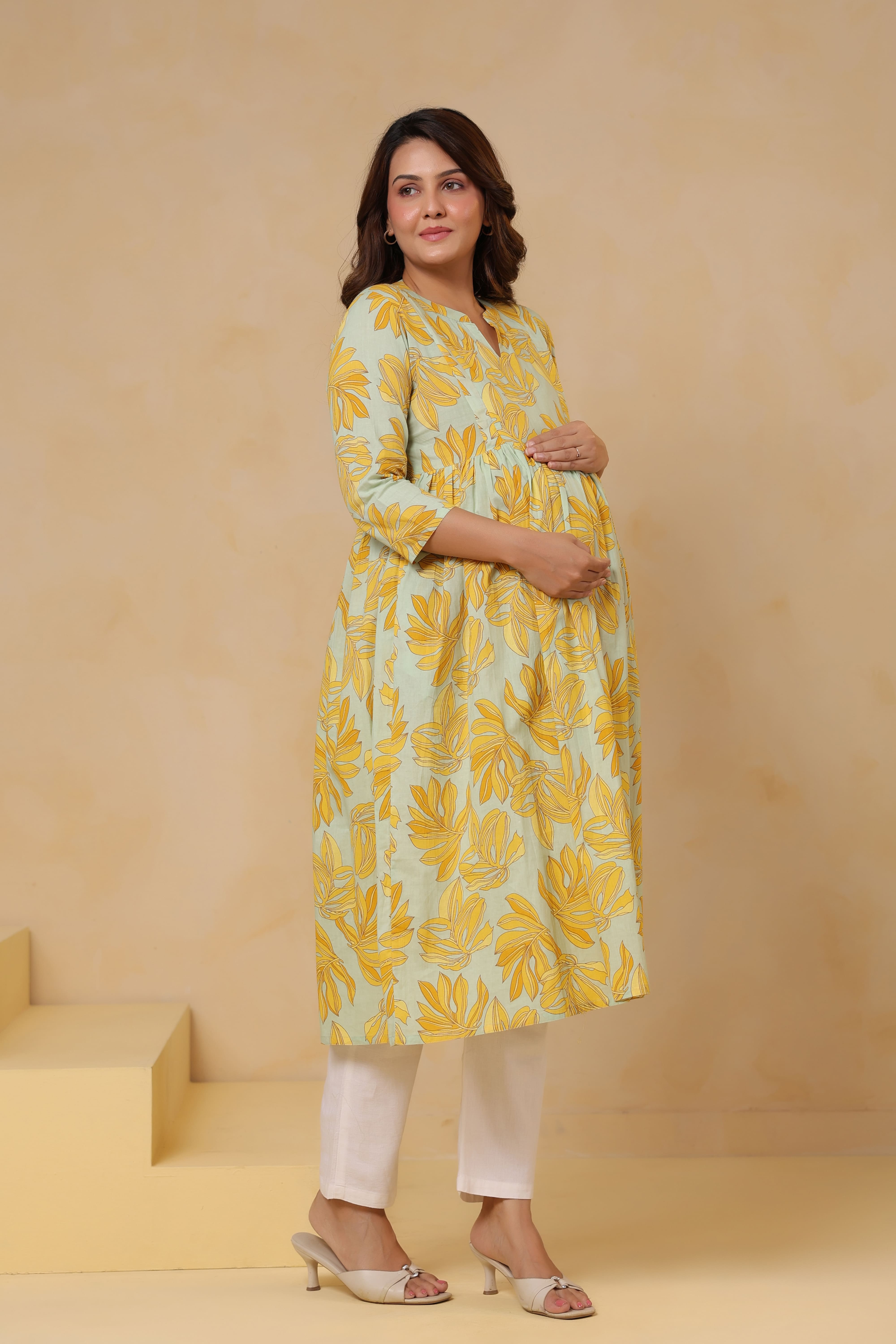 Buttter Yellow Leafy Cotton Maternity - Nursing Kurta