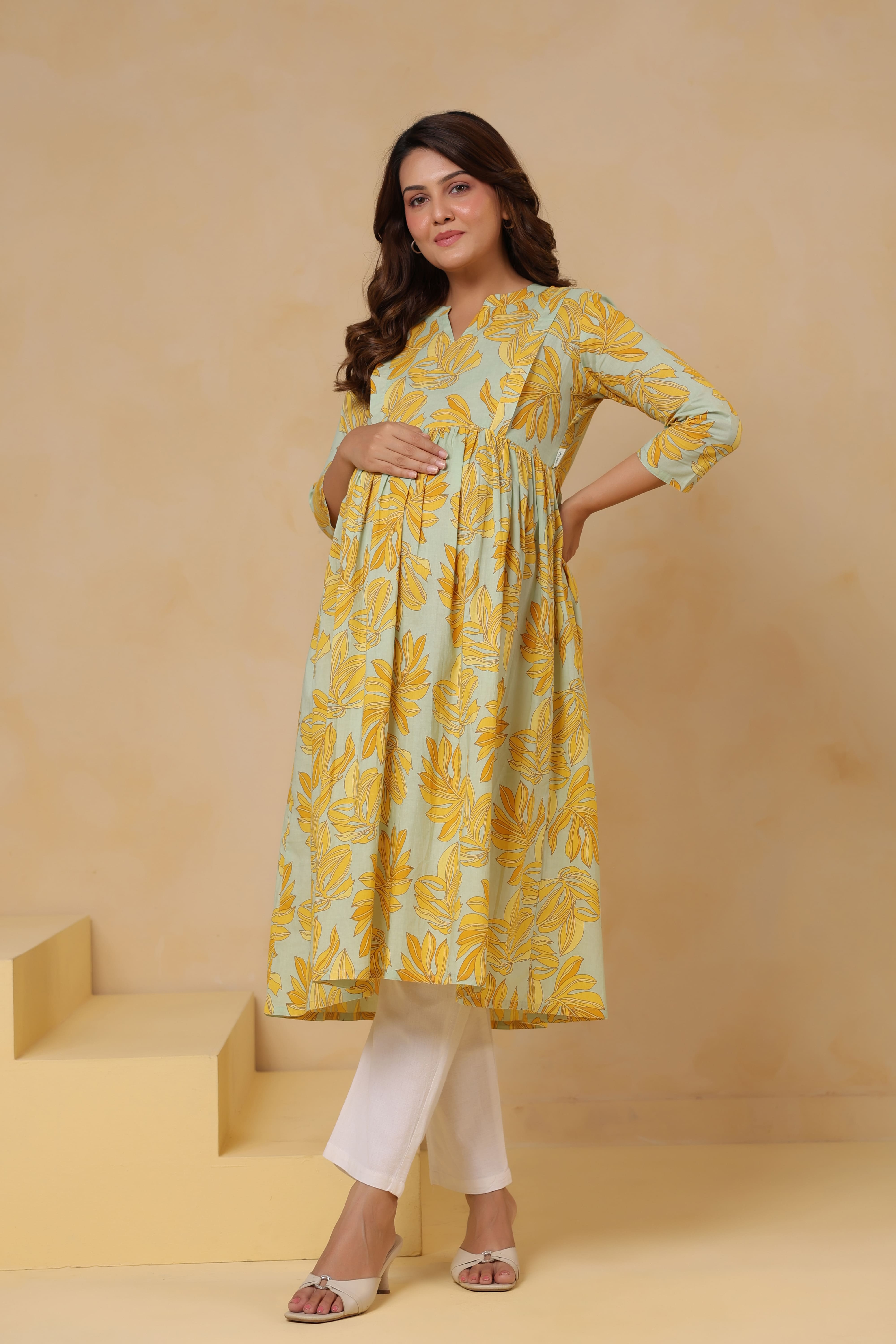 Buttter Yellow Leafy Cotton Maternity - Nursing Kurta