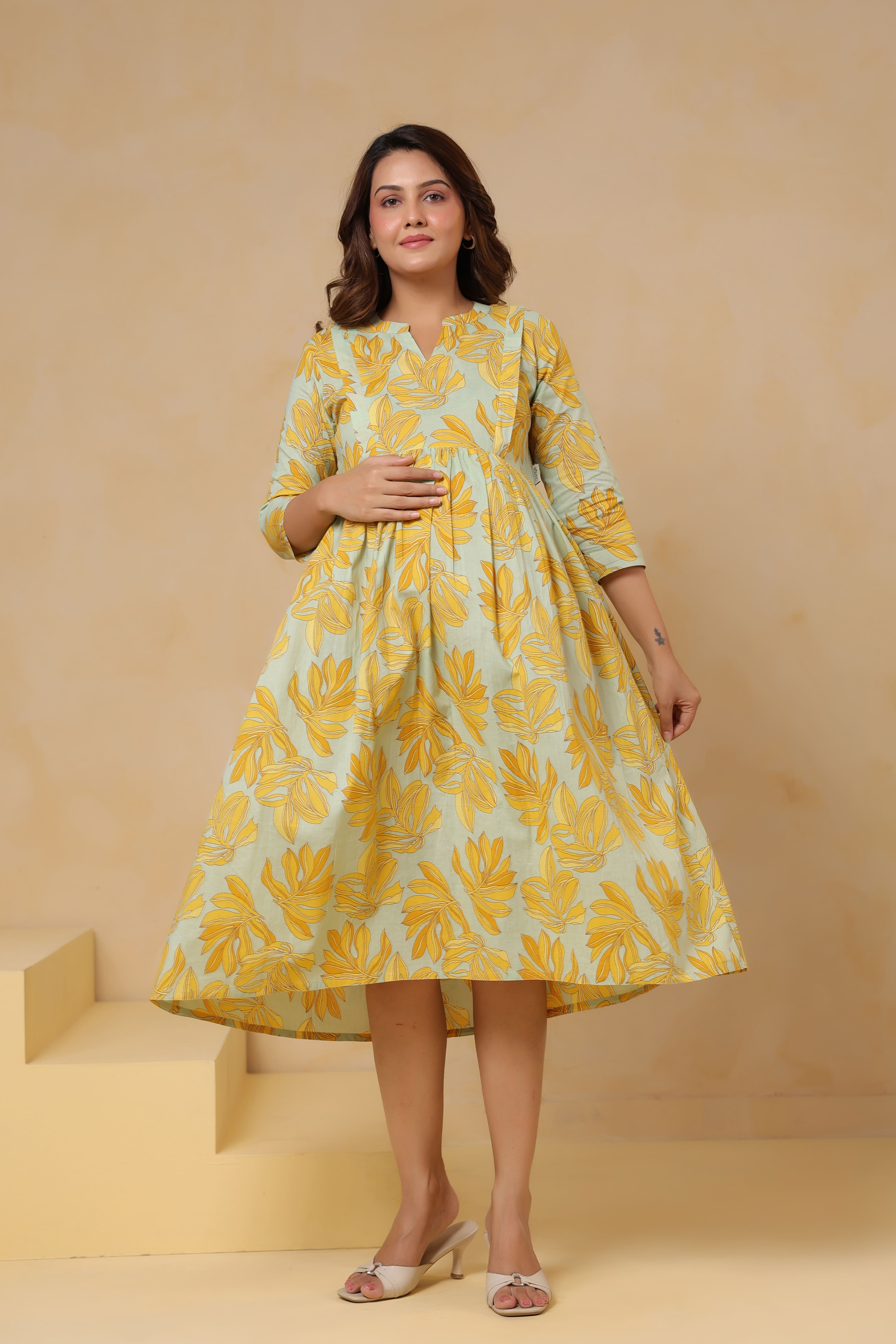 Buttter Yellow Leafy Cotton Maternity - Nursing Dress
