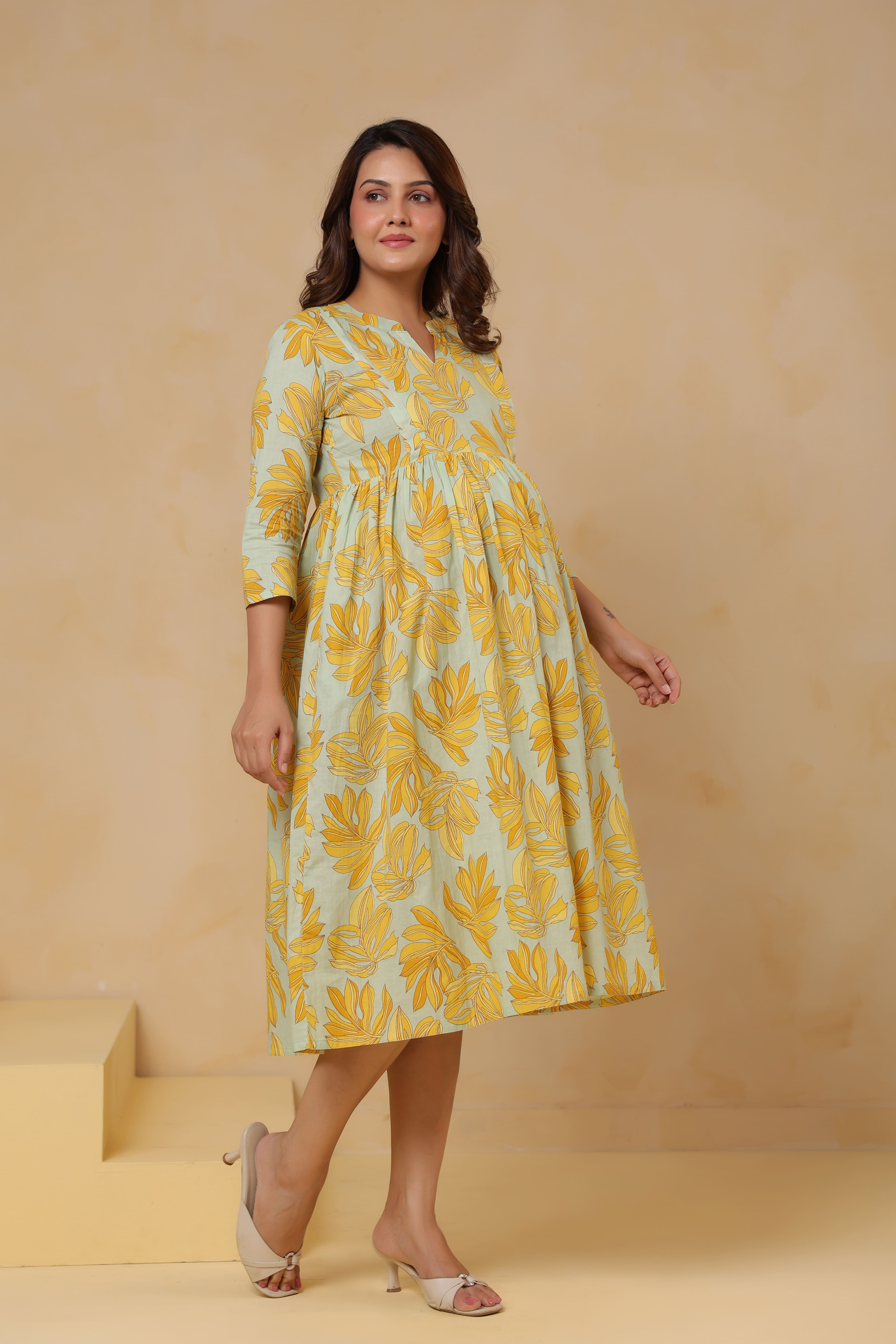 Buttter Yellow Leafy Cotton Maternity - Nursing Dress