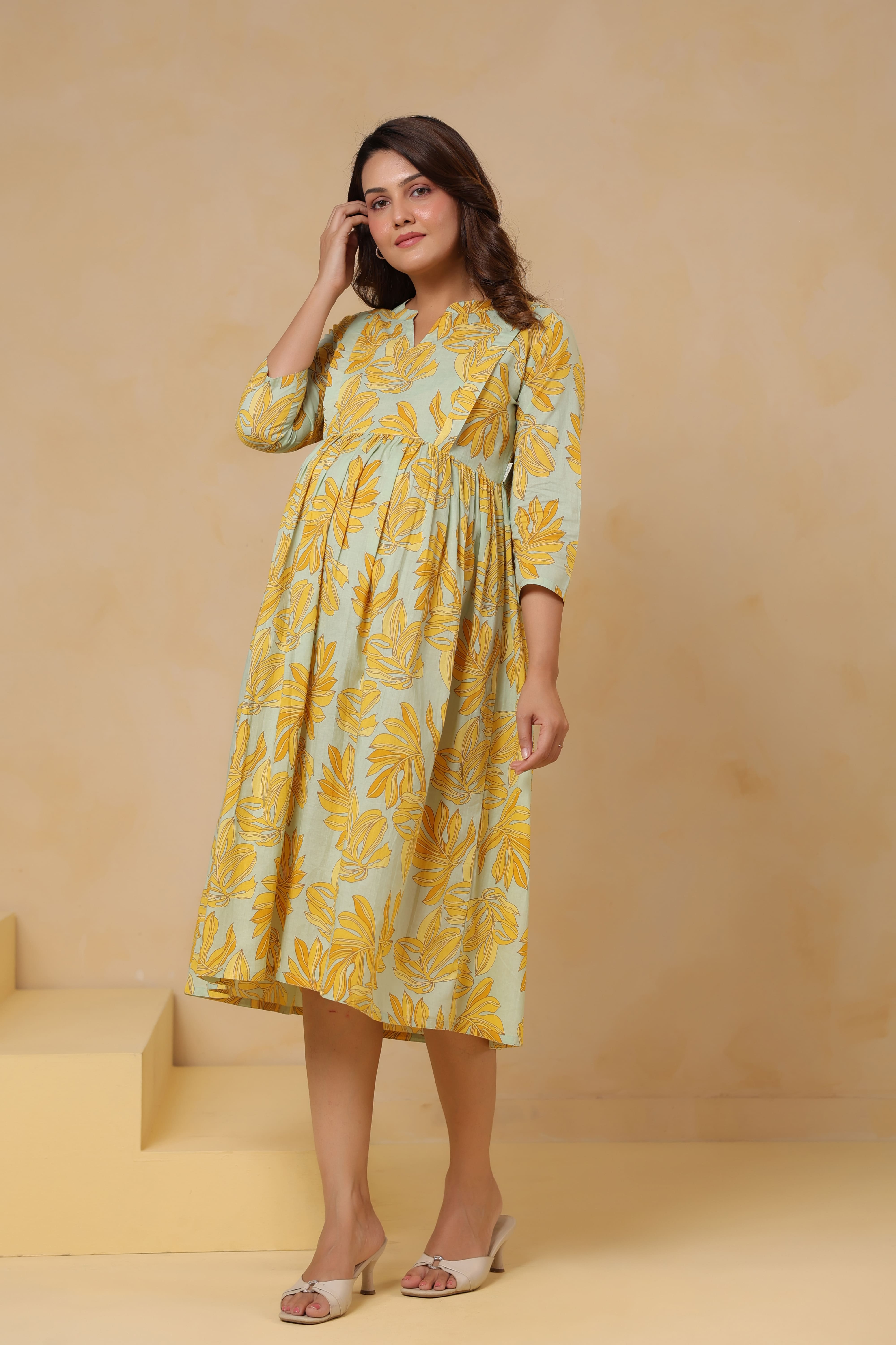 Buttter Yellow Leafy Cotton Maternity - Nursing Dress