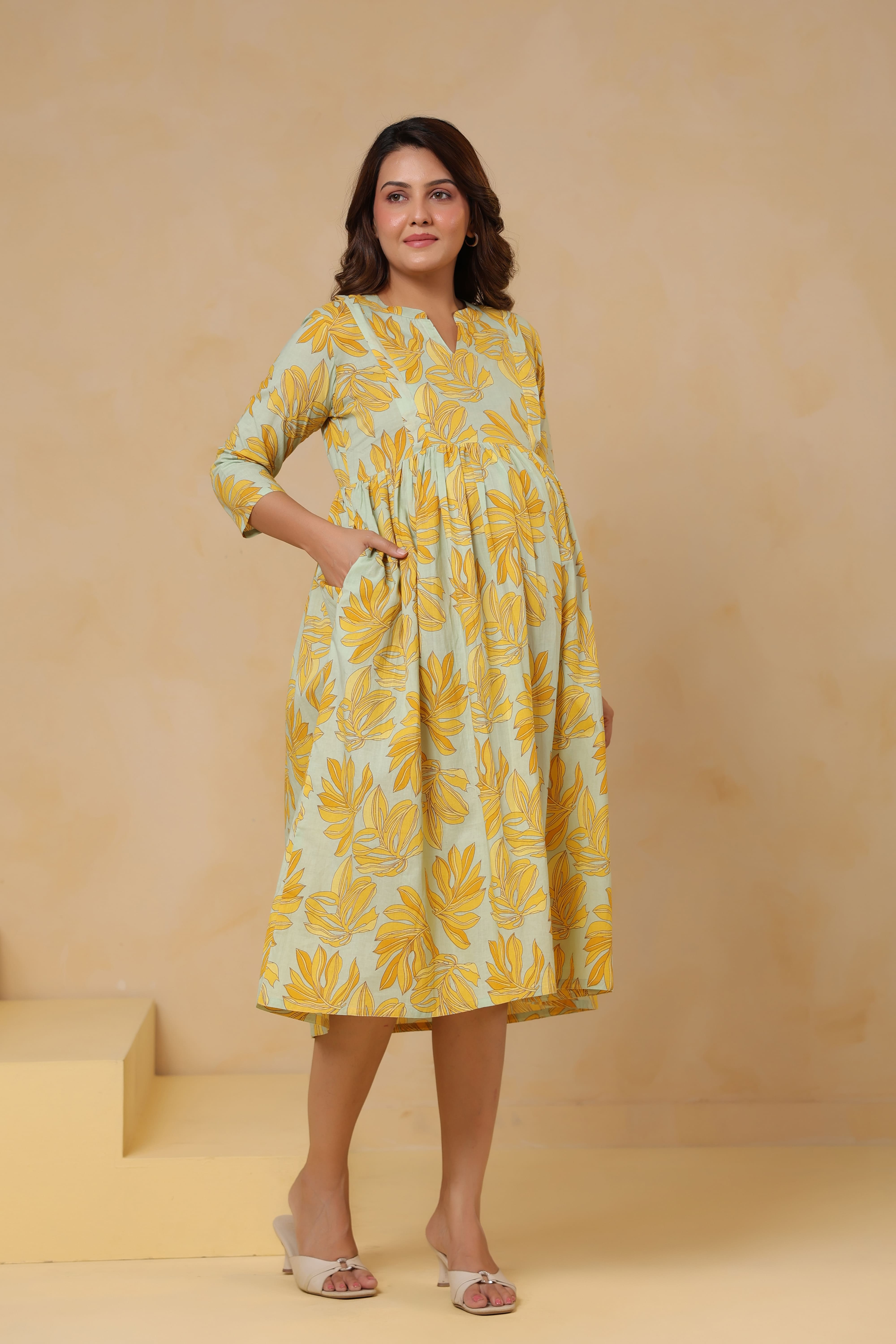 Buttter Yellow Leafy Cotton Maternity - Nursing Dress