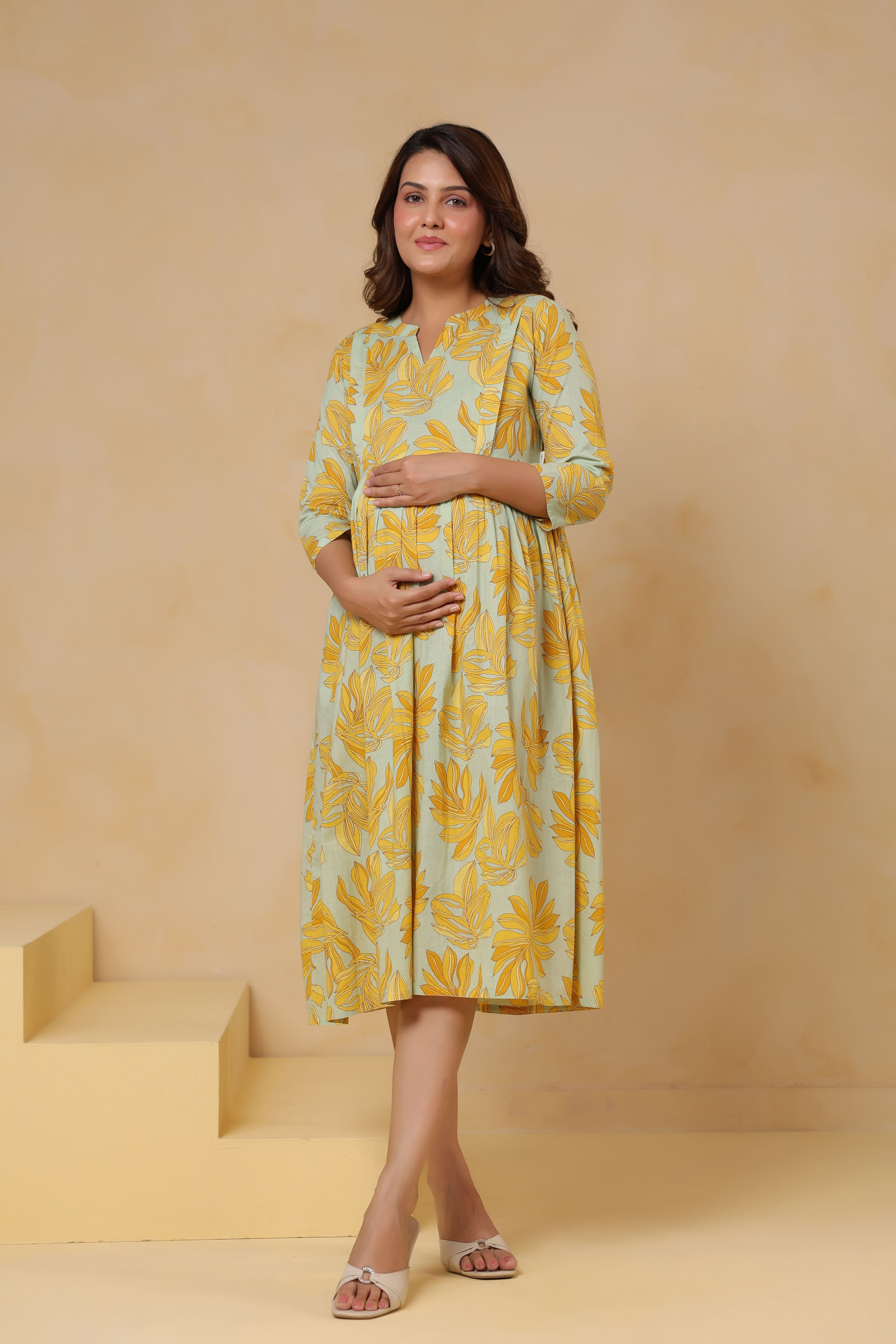 Buttter Yellow Leafy Cotton Maternity - Nursing Dress
