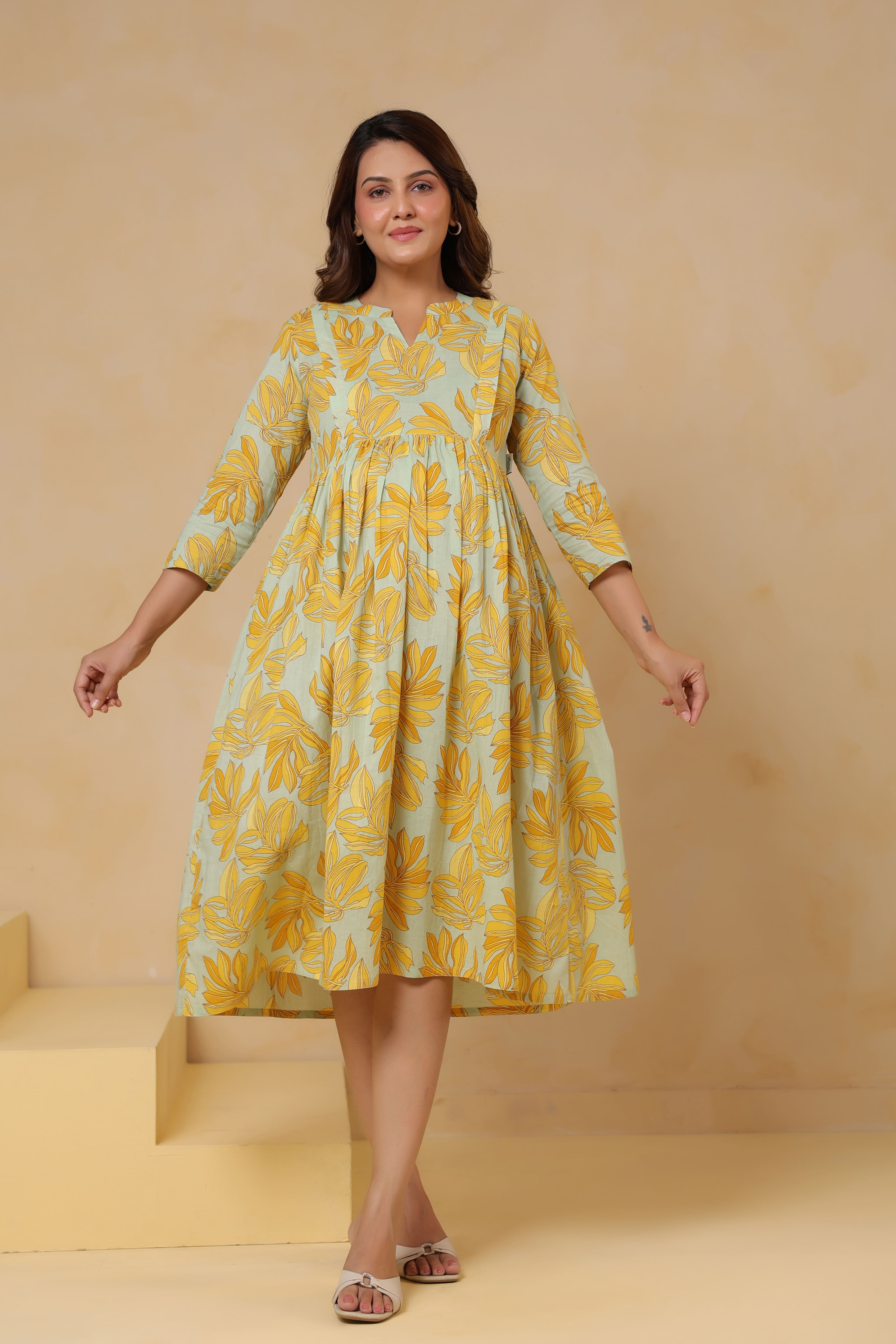 Buttter Yellow Leafy Cotton Maternity - Nursing Dress