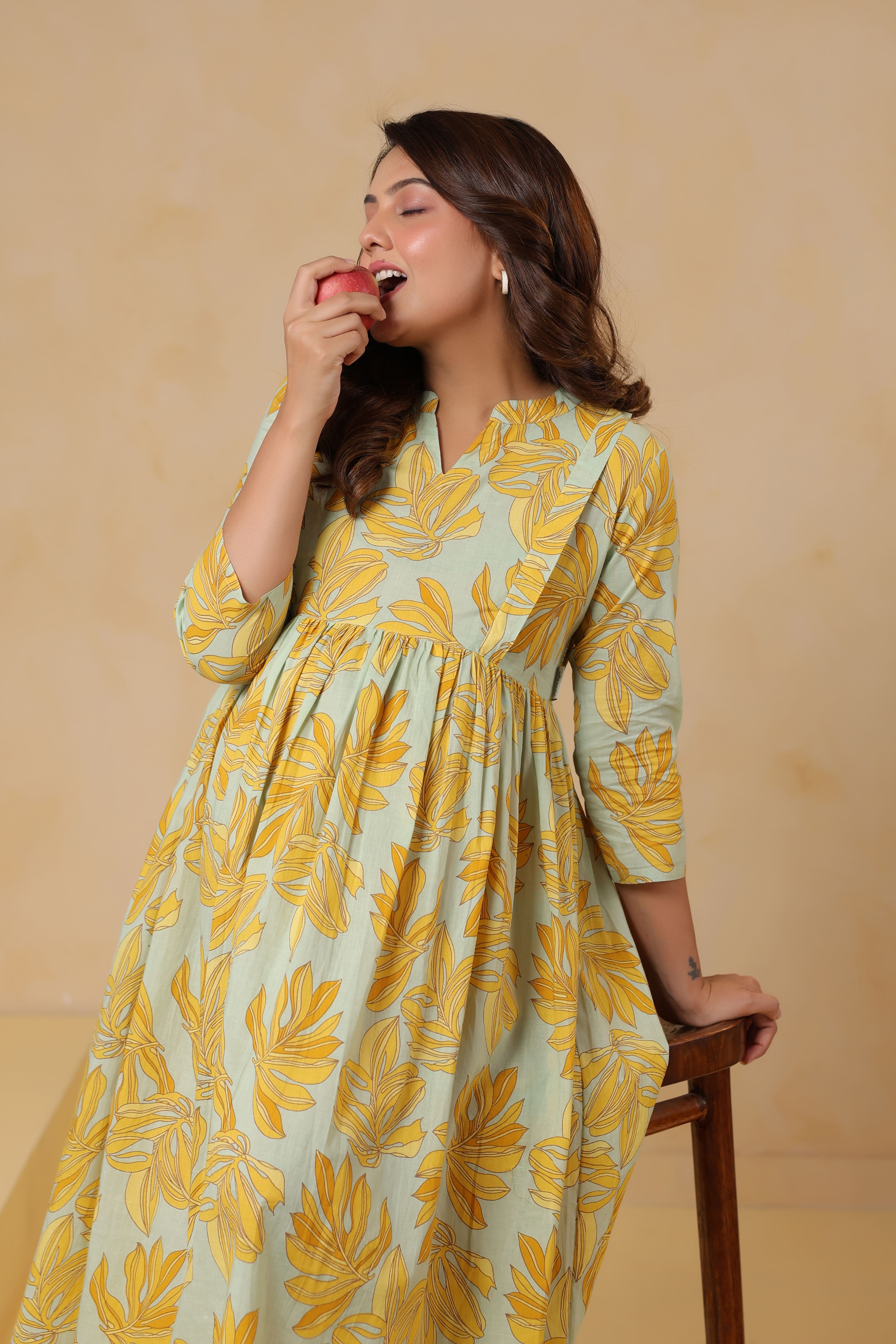 Buttter Yellow Leafy Cotton Maternity - Nursing Dress