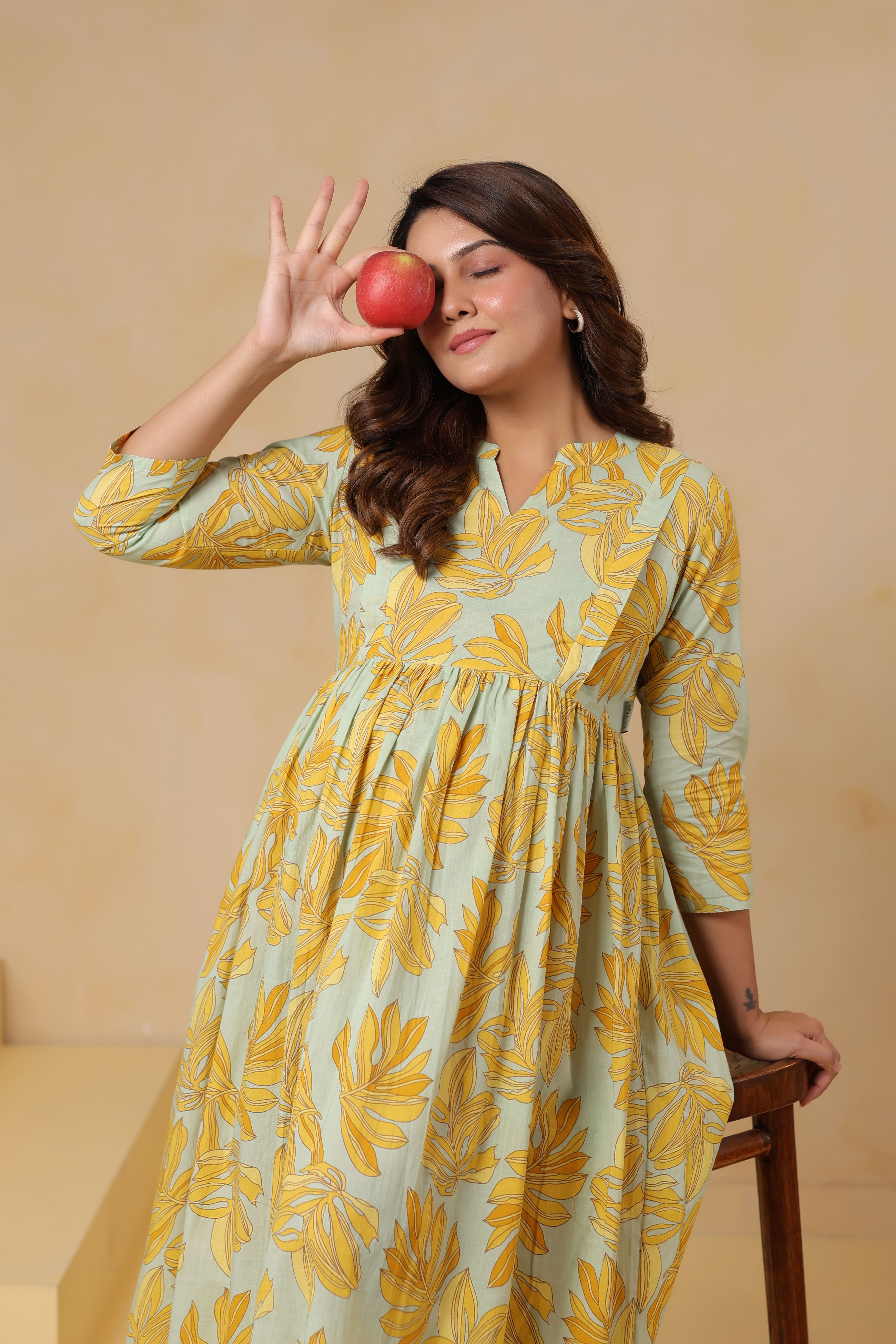 Buttter Yellow Leafy Cotton Maternity - Nursing Kurta
