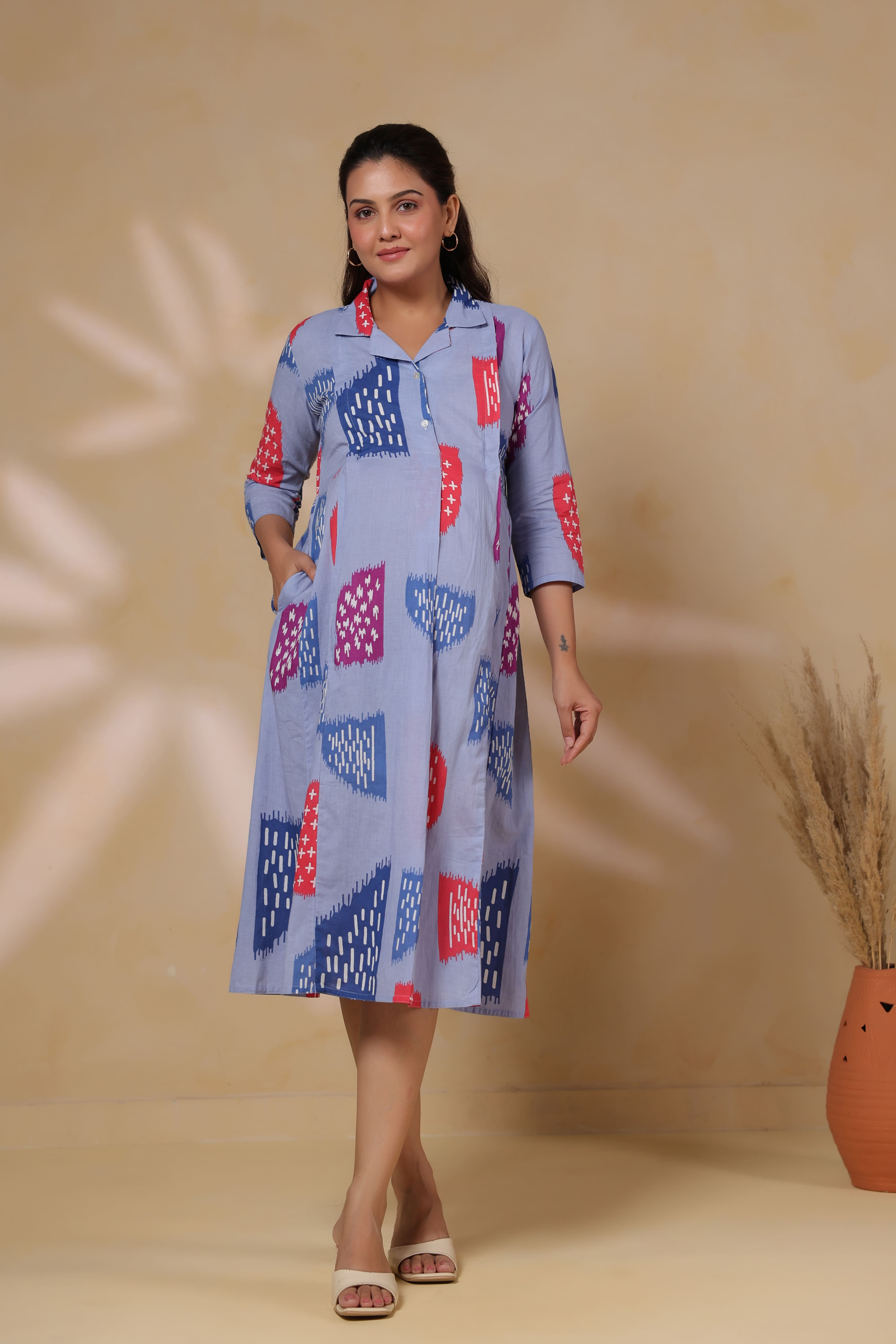 Baby Blue Abstract Cotton Maternity - Nursing Dress