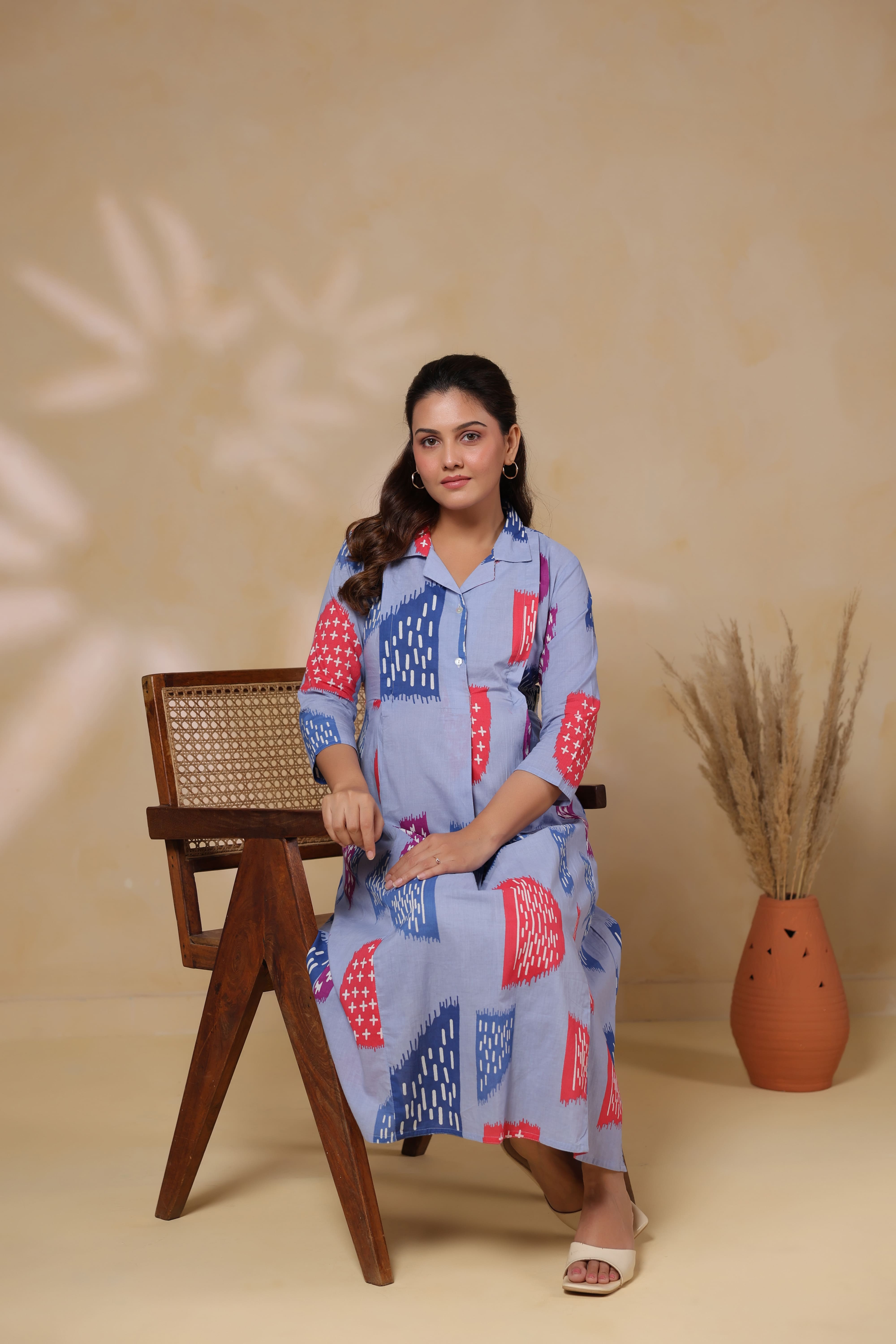 Baby Blue Abstract Cotton Maternity - Nursing Dress