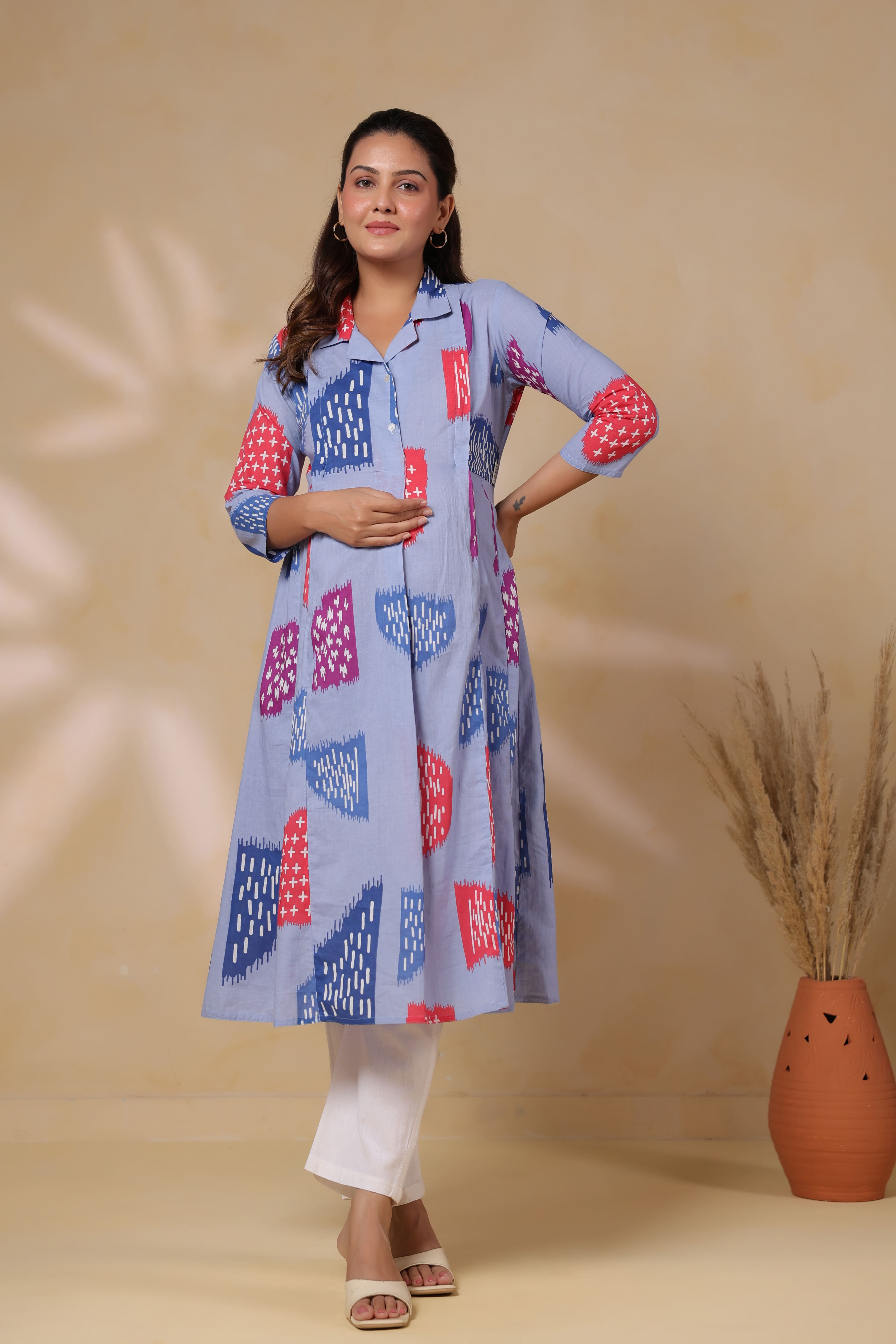 Baby Blue Abstract Cotton Maternity - Nursing Kurta