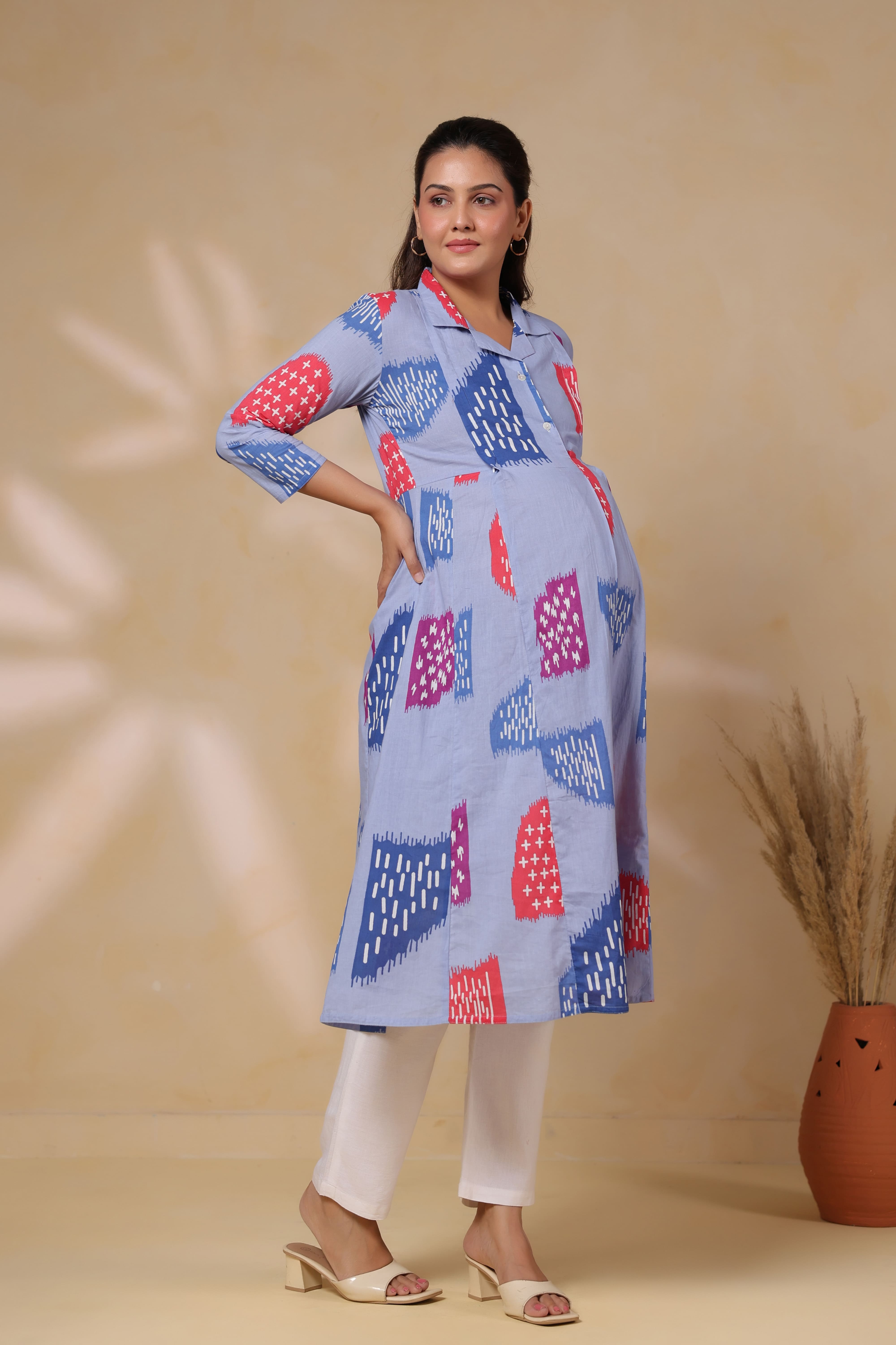 Baby Blue Abstract Cotton Maternity - Nursing Kurta
