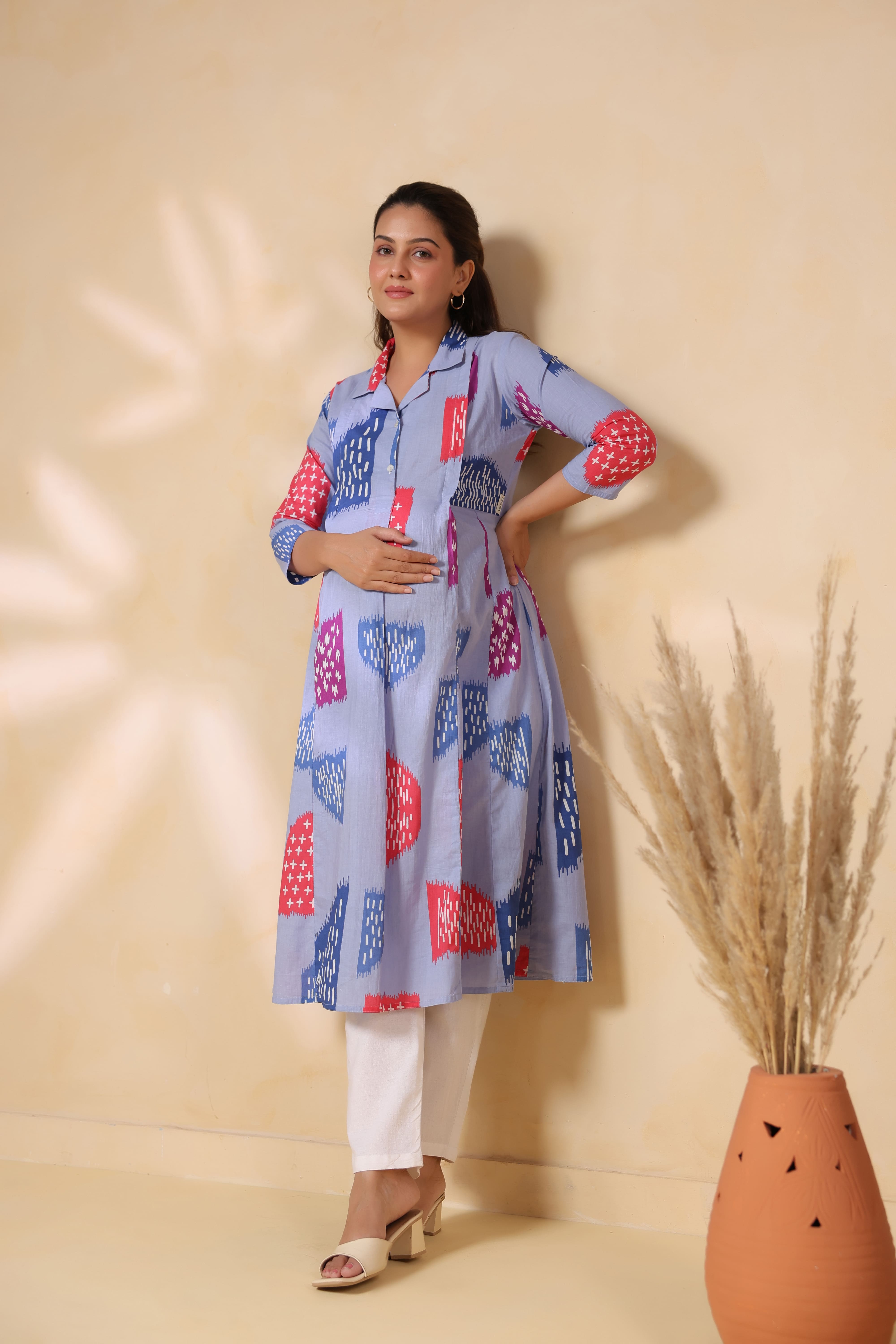 Baby Blue Abstract Cotton Maternity - Nursing Kurta