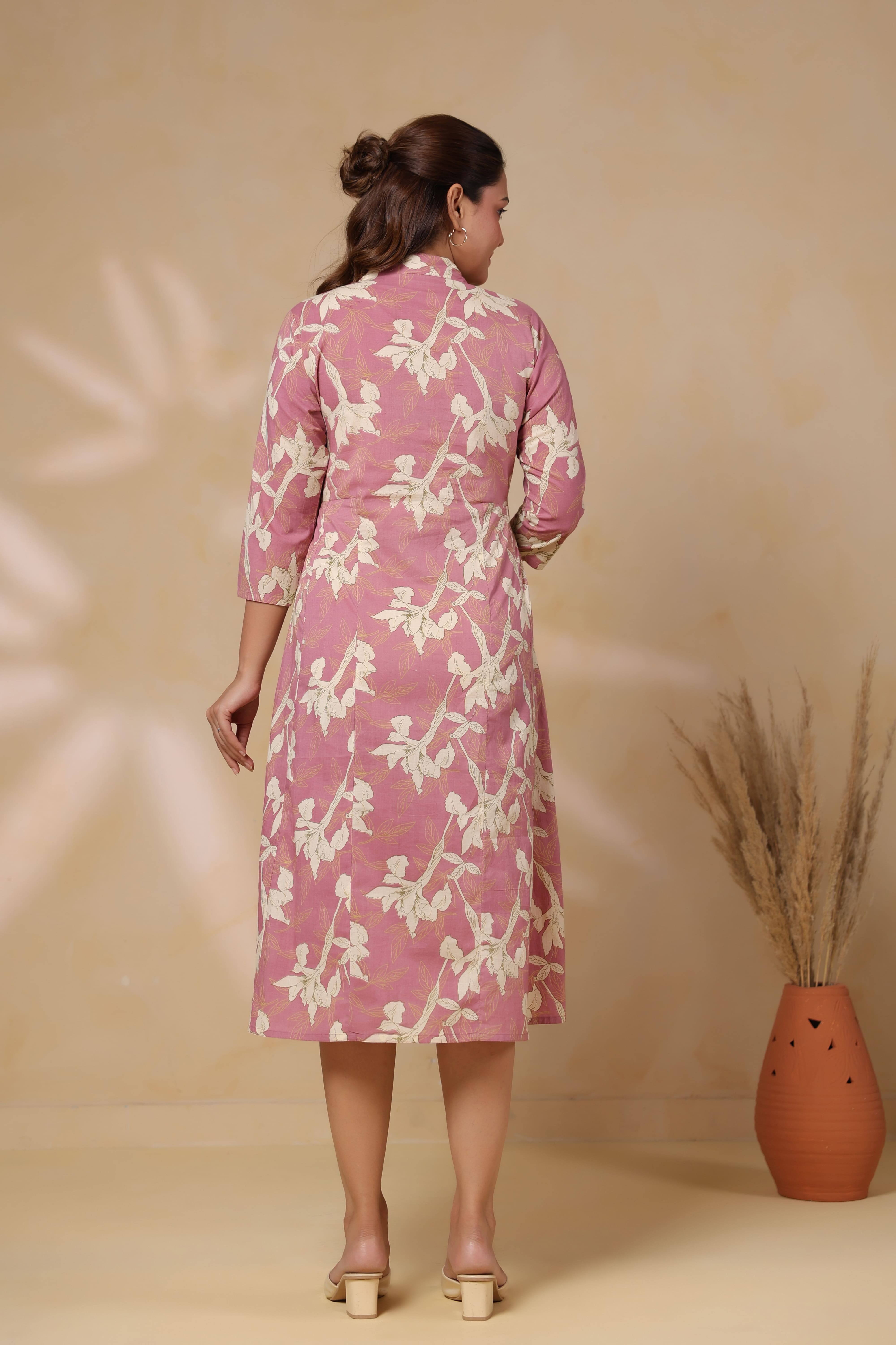 Old Rose Leaf Cotton Maternity - Nursing Dress
