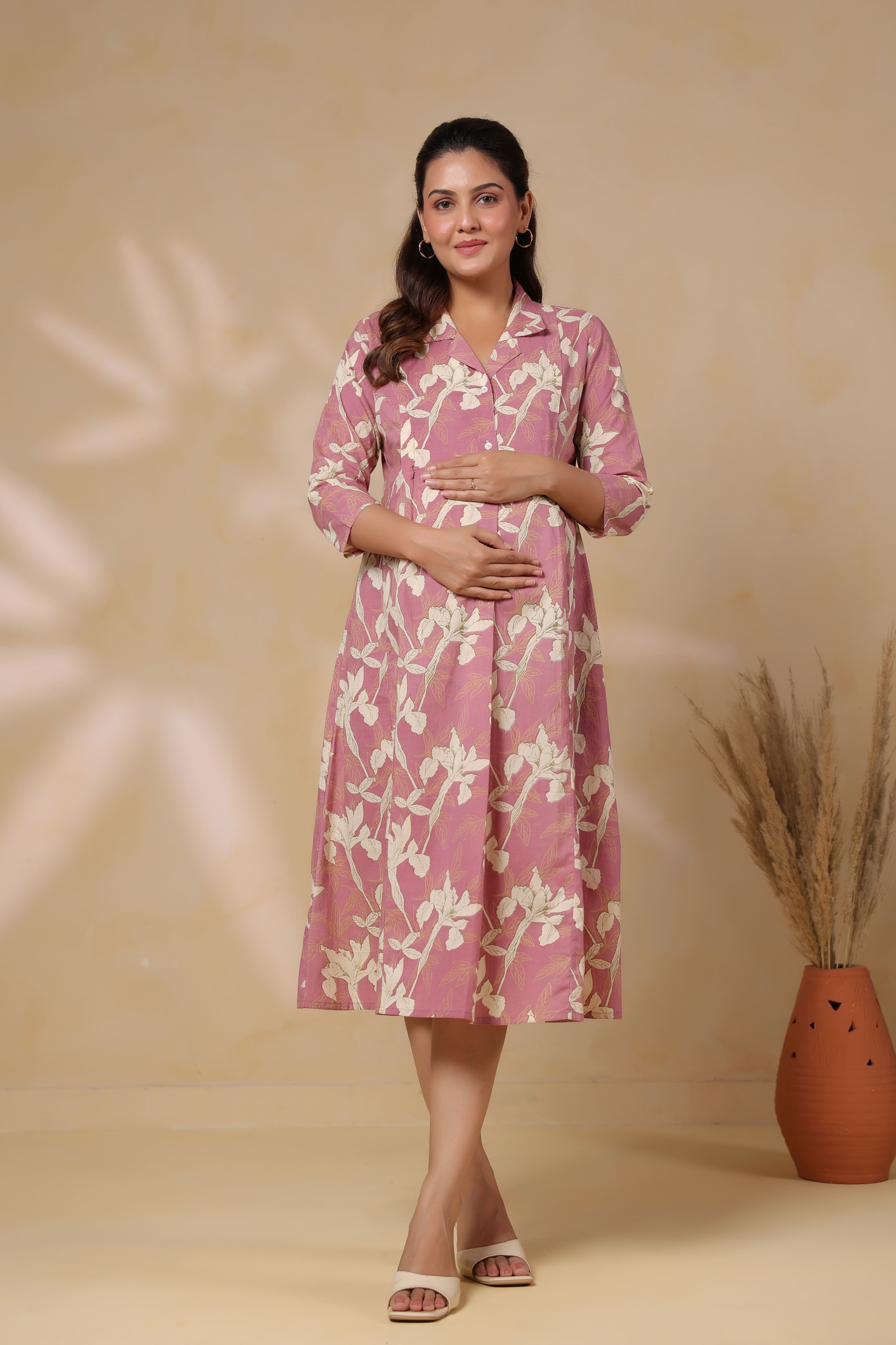 Old Rose Leaf Cotton Maternity - Nursing Dress