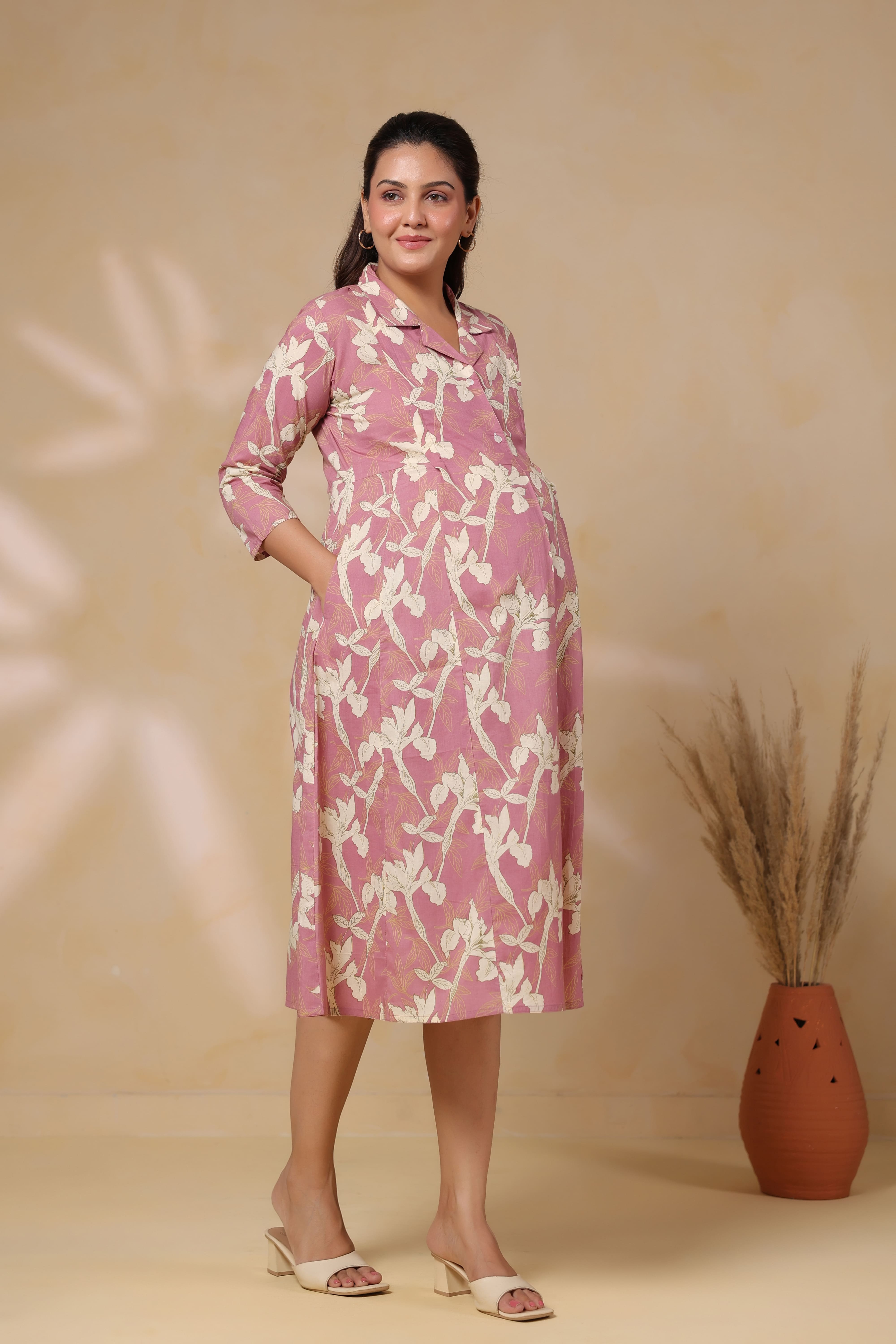 Old Rose Leaf Cotton Maternity - Nursing Dress