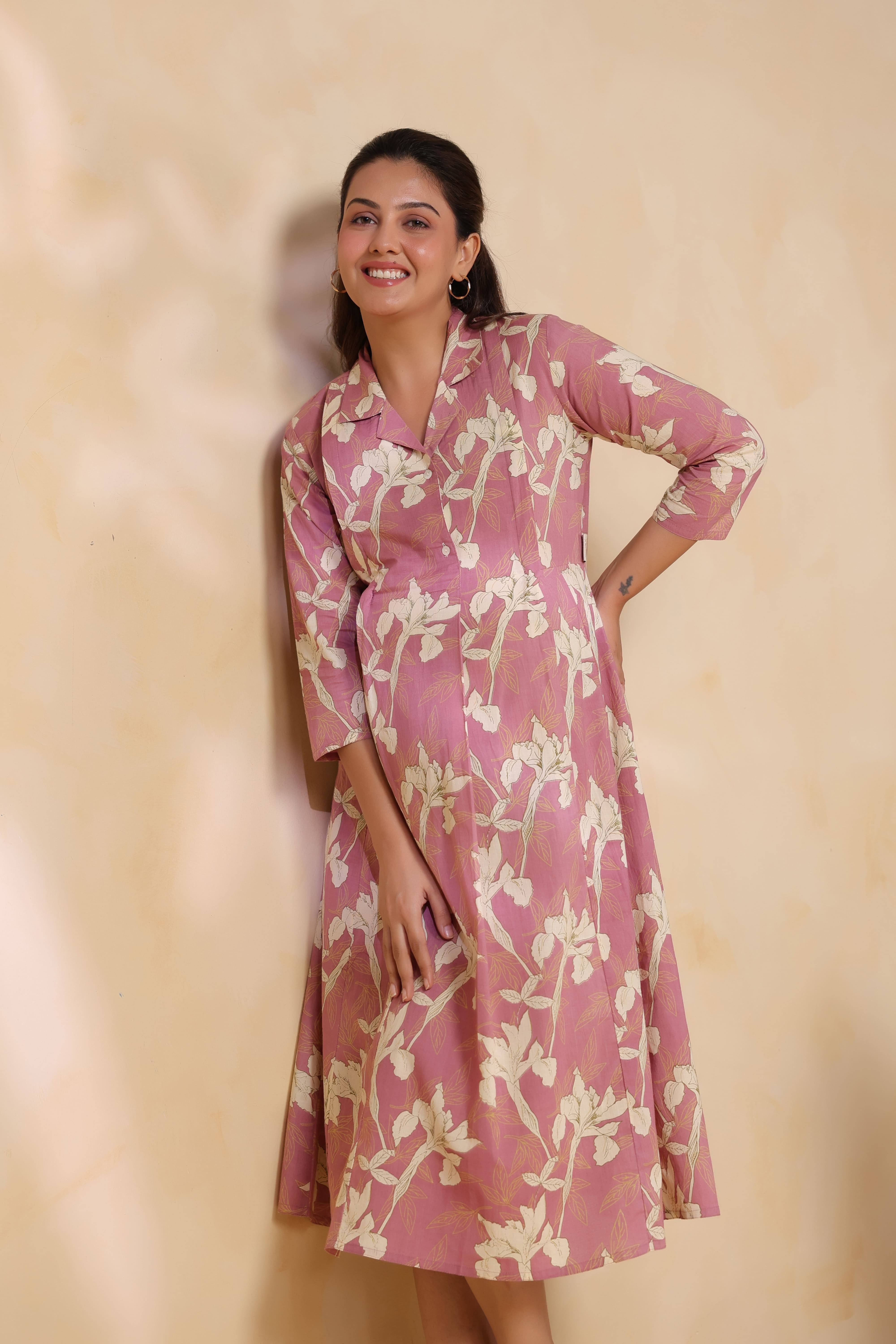 Old Rose Leaf Cotton Maternity - Nursing Dress