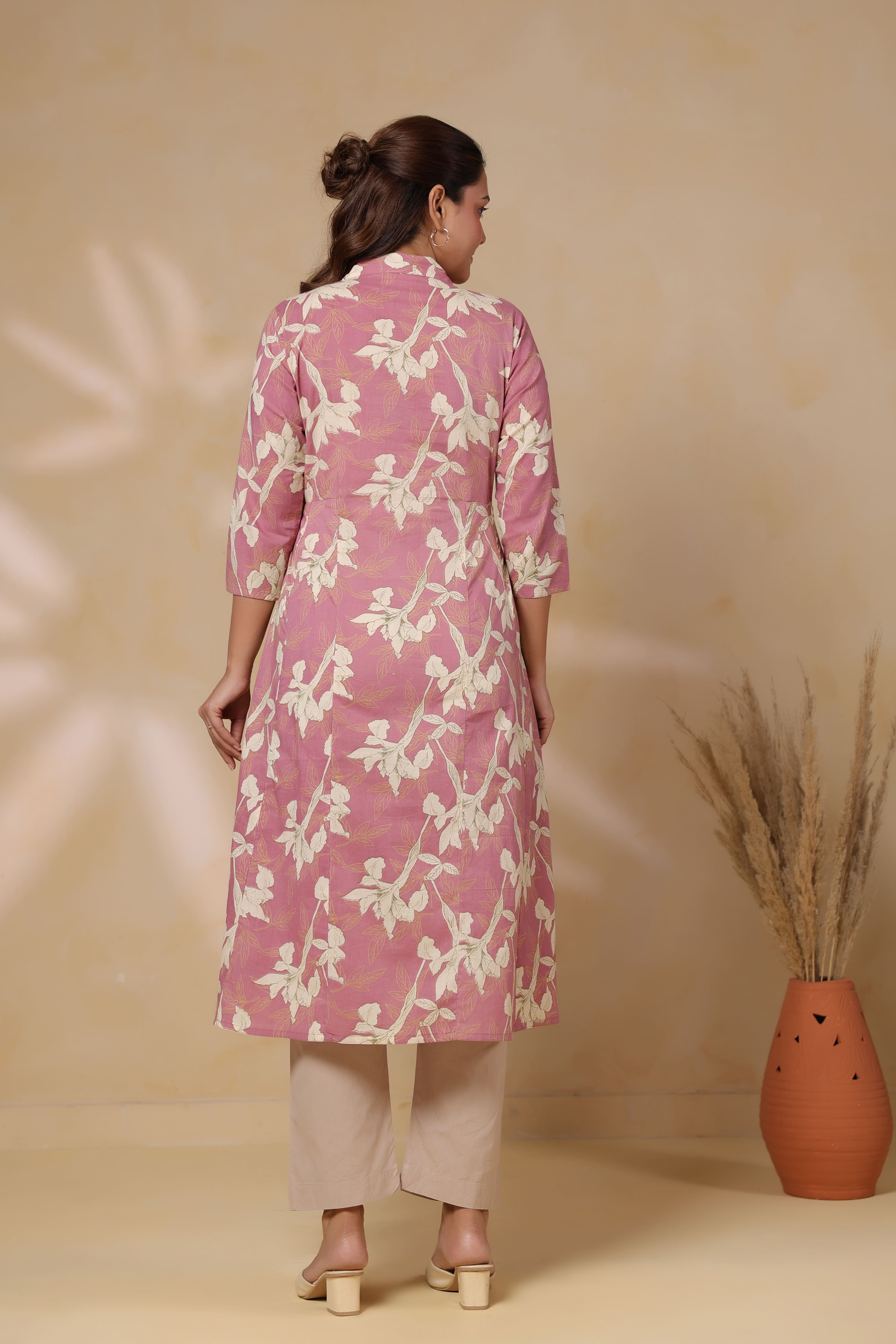 Old Rose Leaf Cotton Maternity - Nursing Kurta