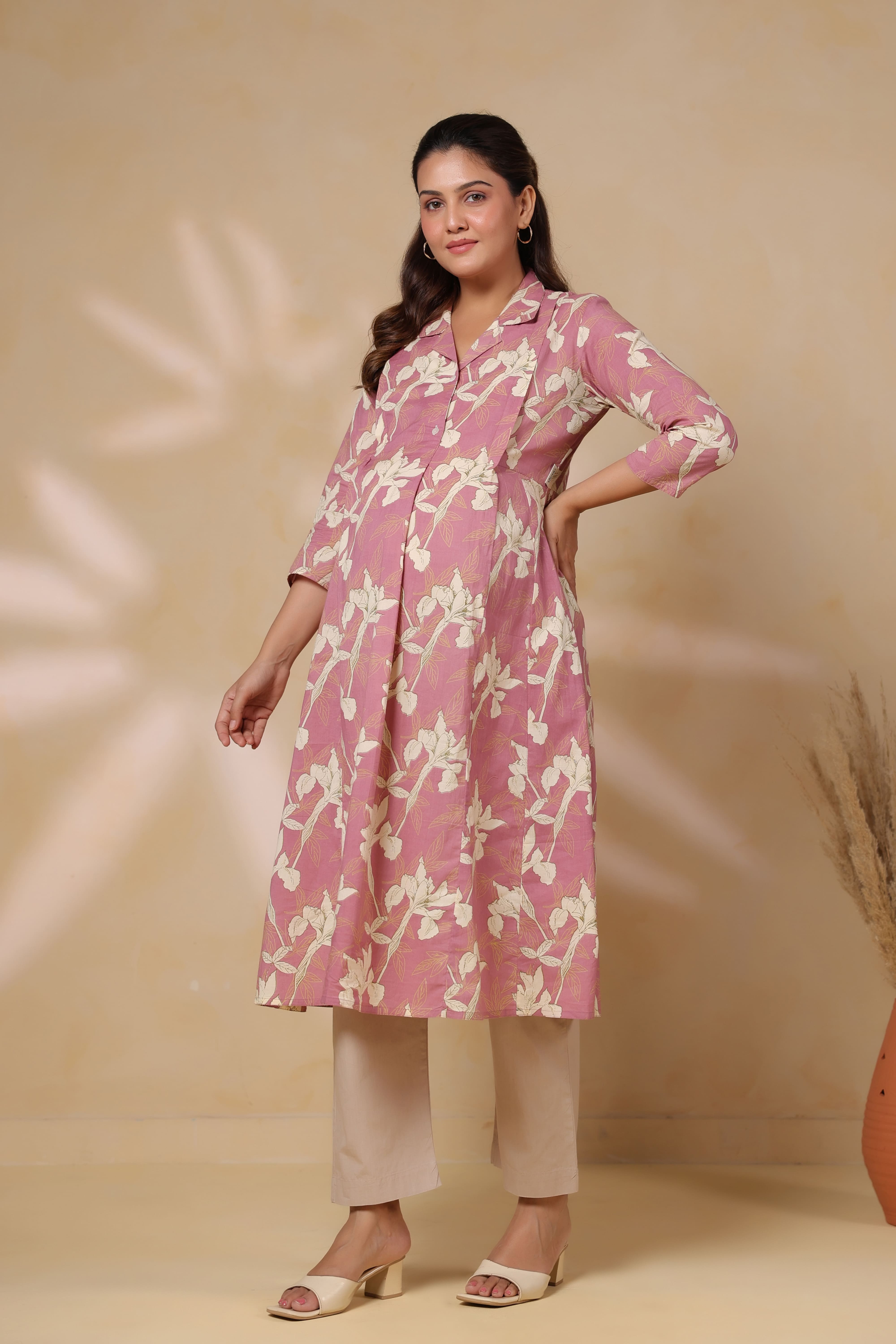 Old Rose Leaf Cotton Maternity - Nursing Kurta