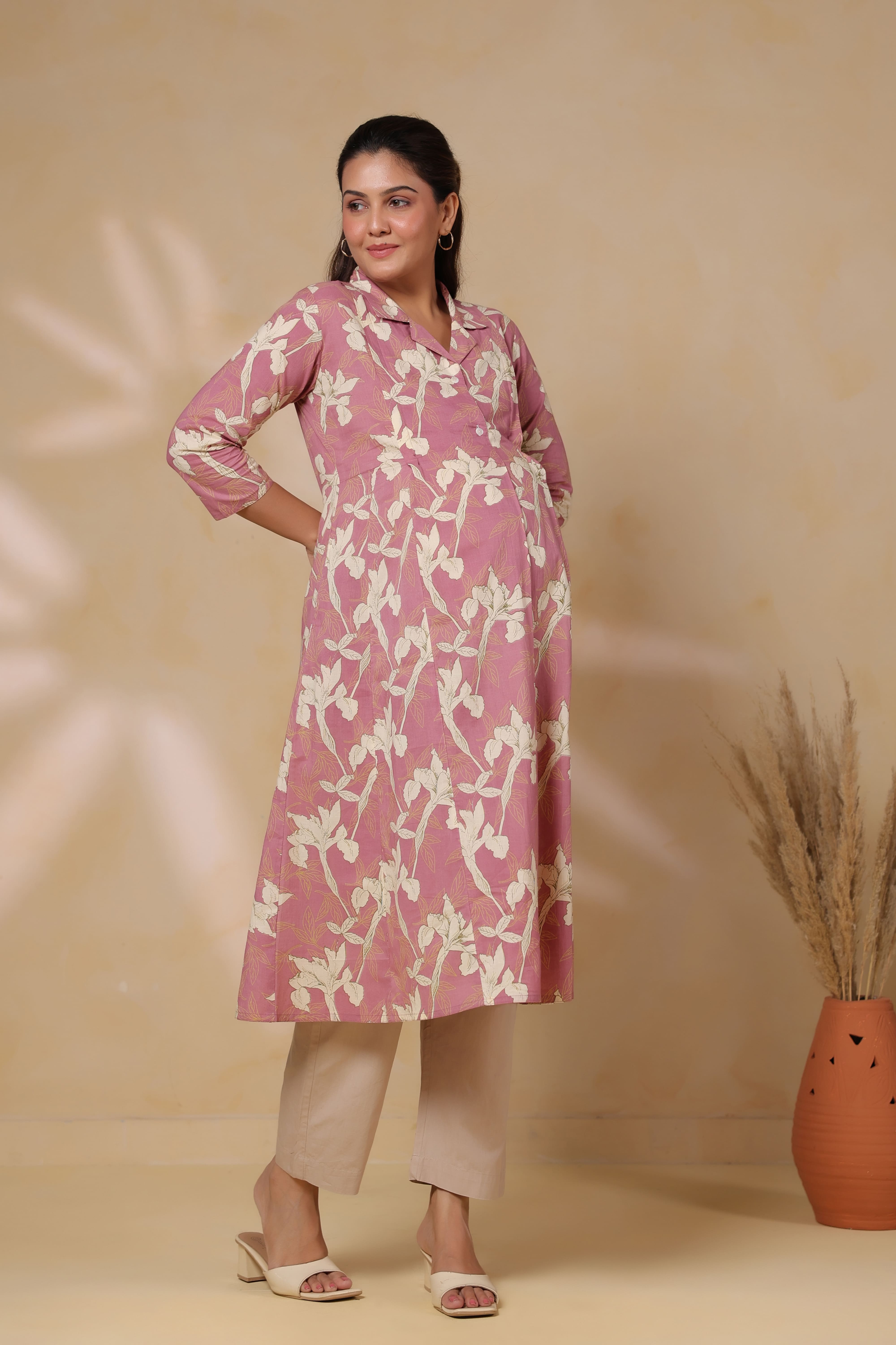 Old Rose Leaf Cotton Maternity - Nursing Kurta