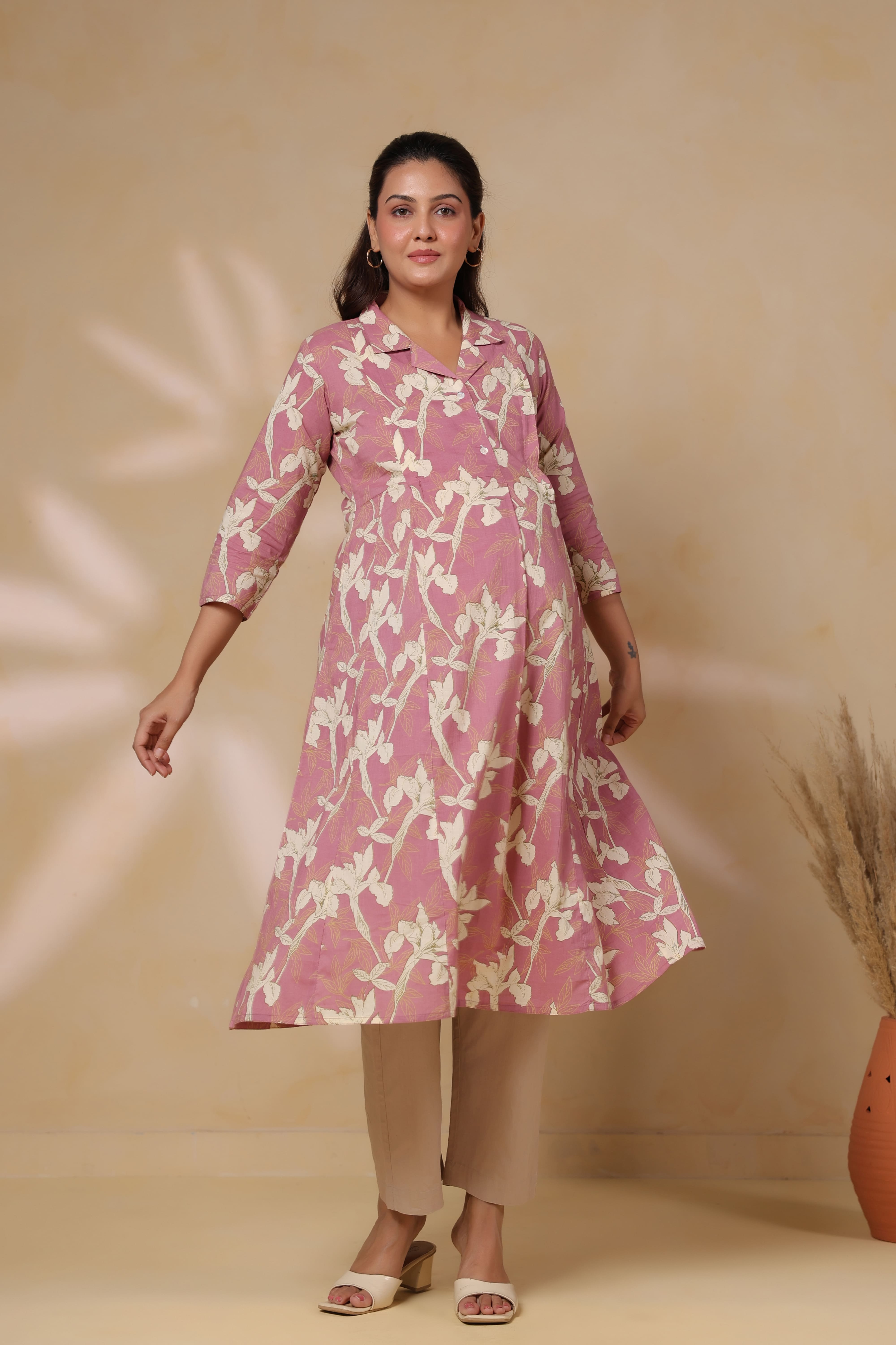 Old Rose Leaf Cotton Maternity - Nursing Kurta