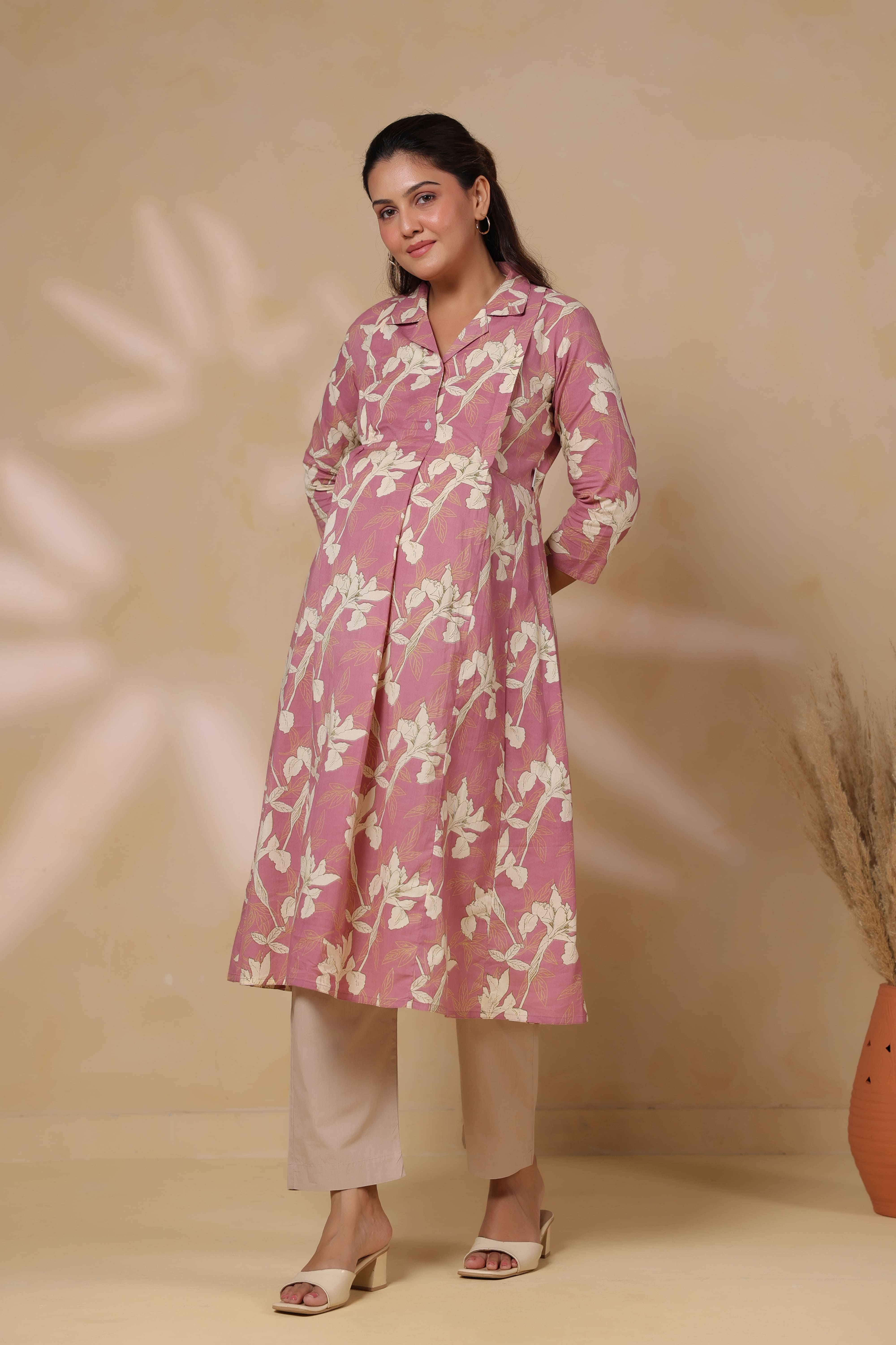Old Rose Leaf Cotton Maternity - Nursing Kurta