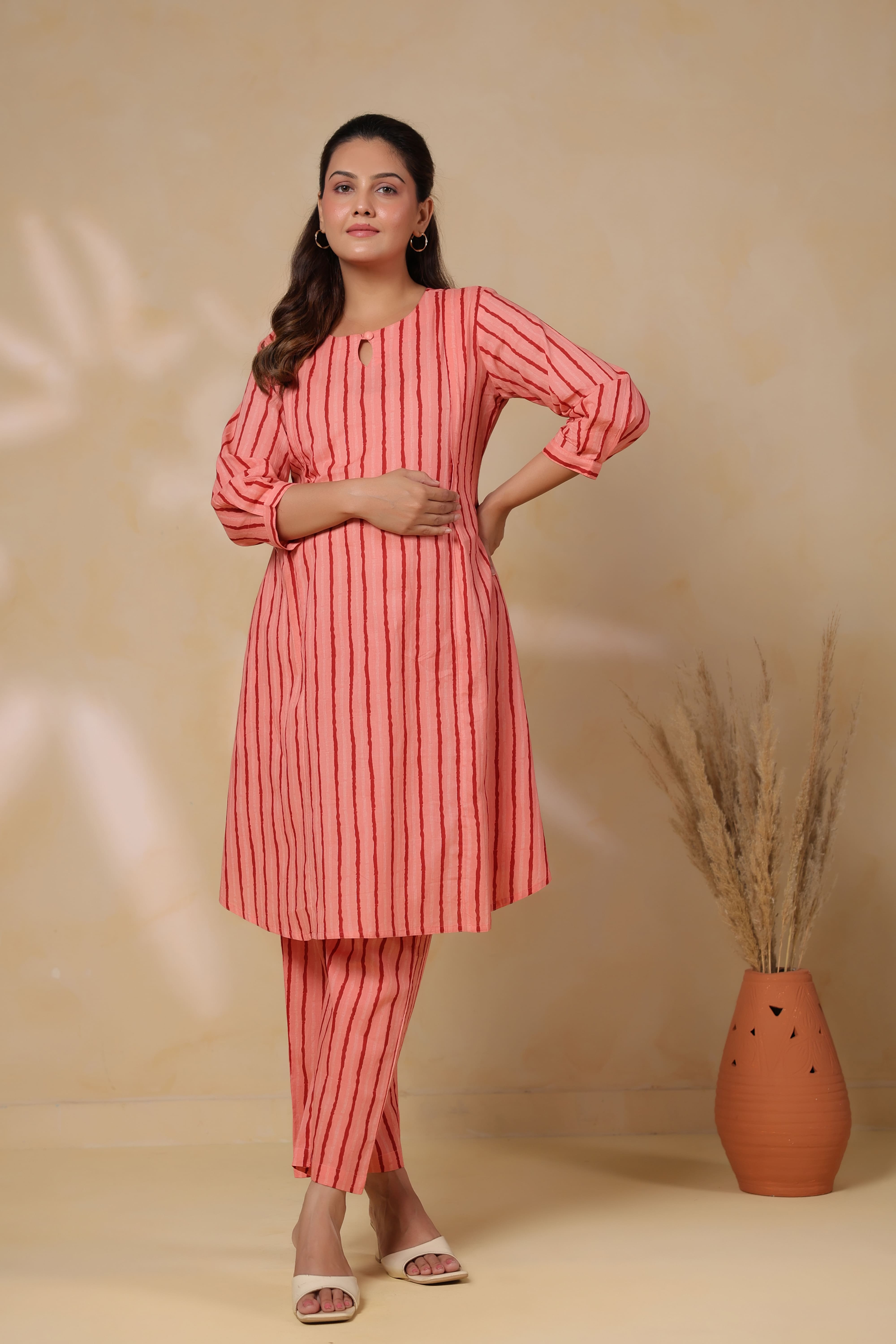 Blushing Peach Striped Cotton Maternity - Nursing Co-ord Set