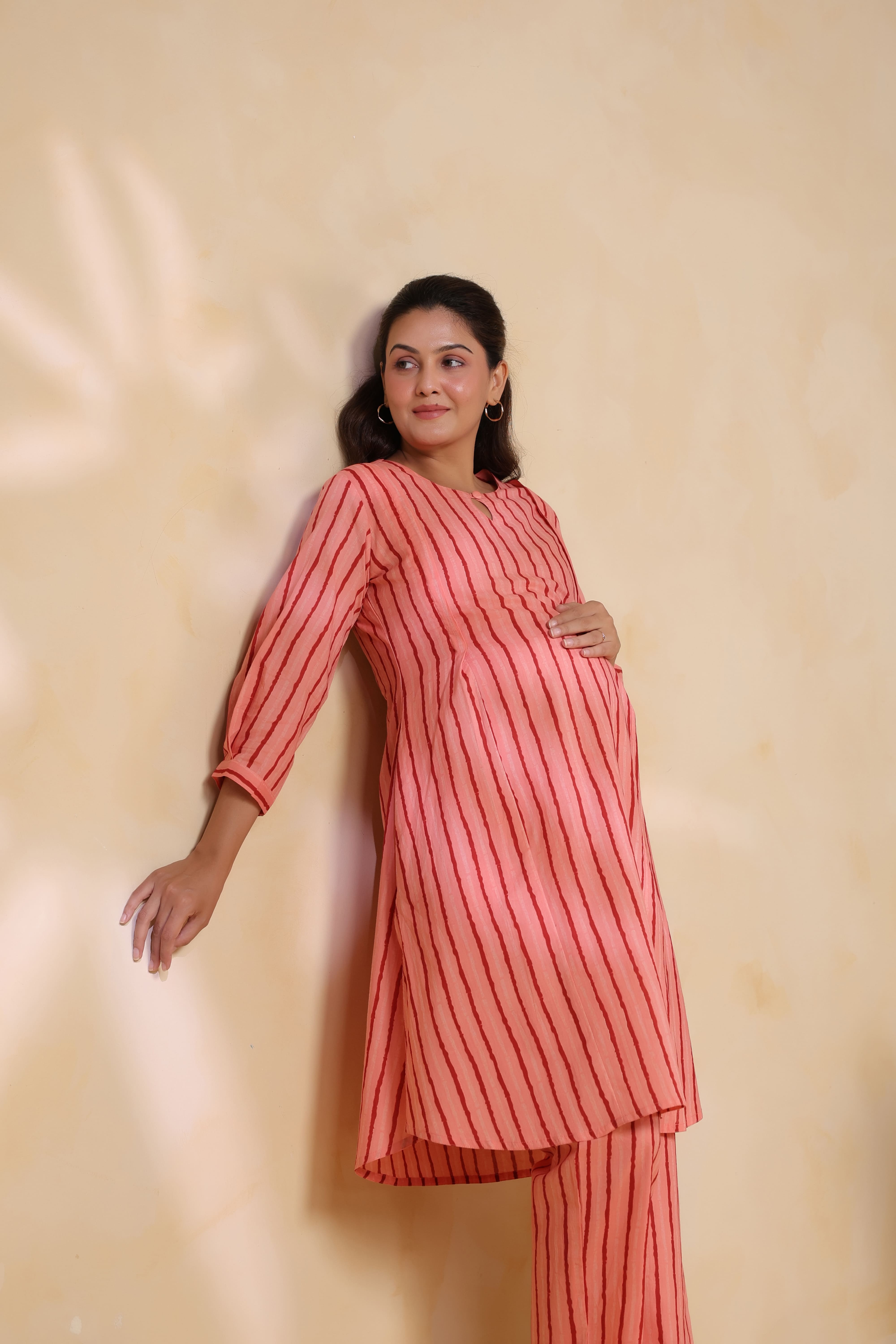 Blushing Peach Striped Cotton Maternity - Nursing Co-ord Set