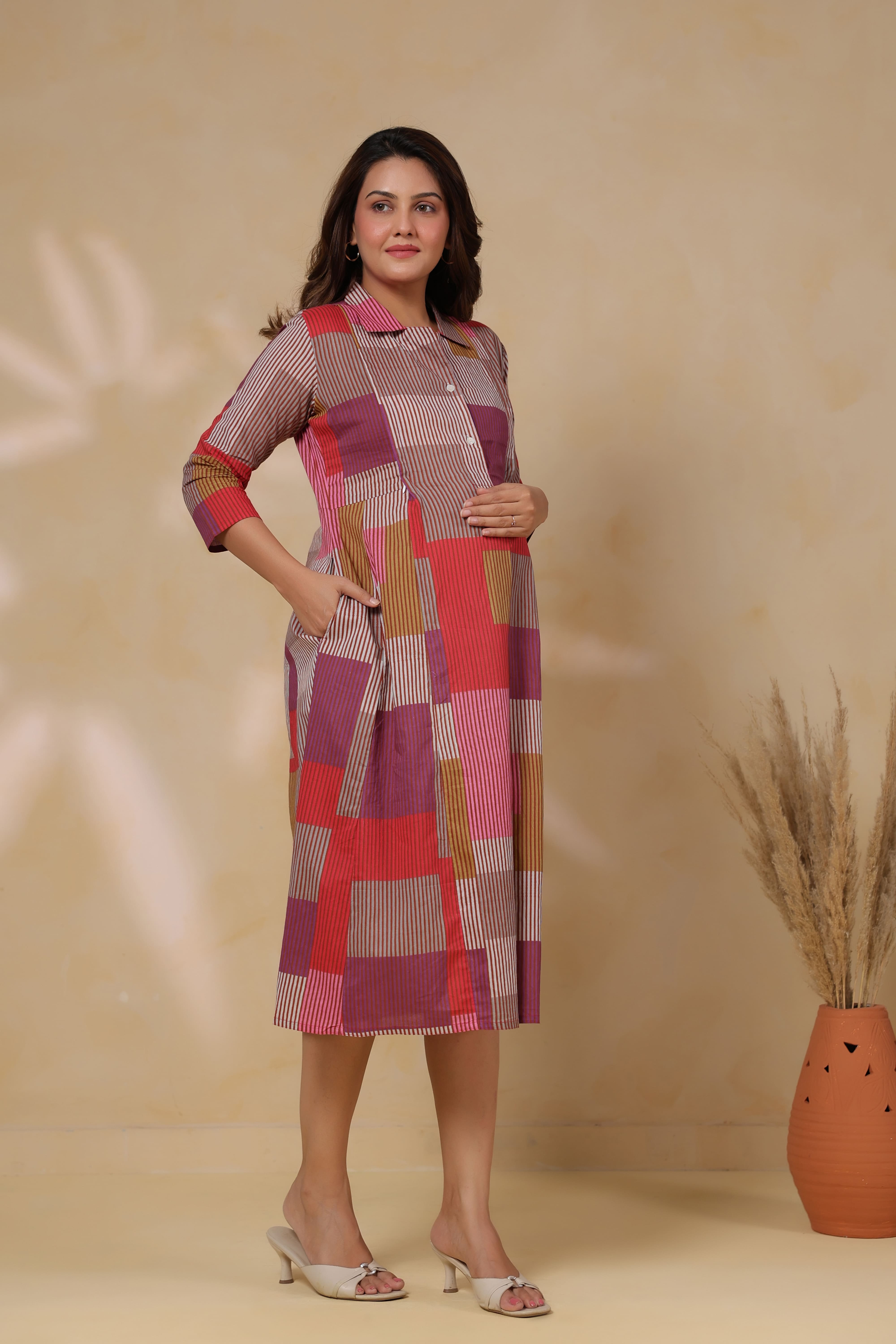 Cherry Multi Panelled Cotton Maternity - Nursing Dress