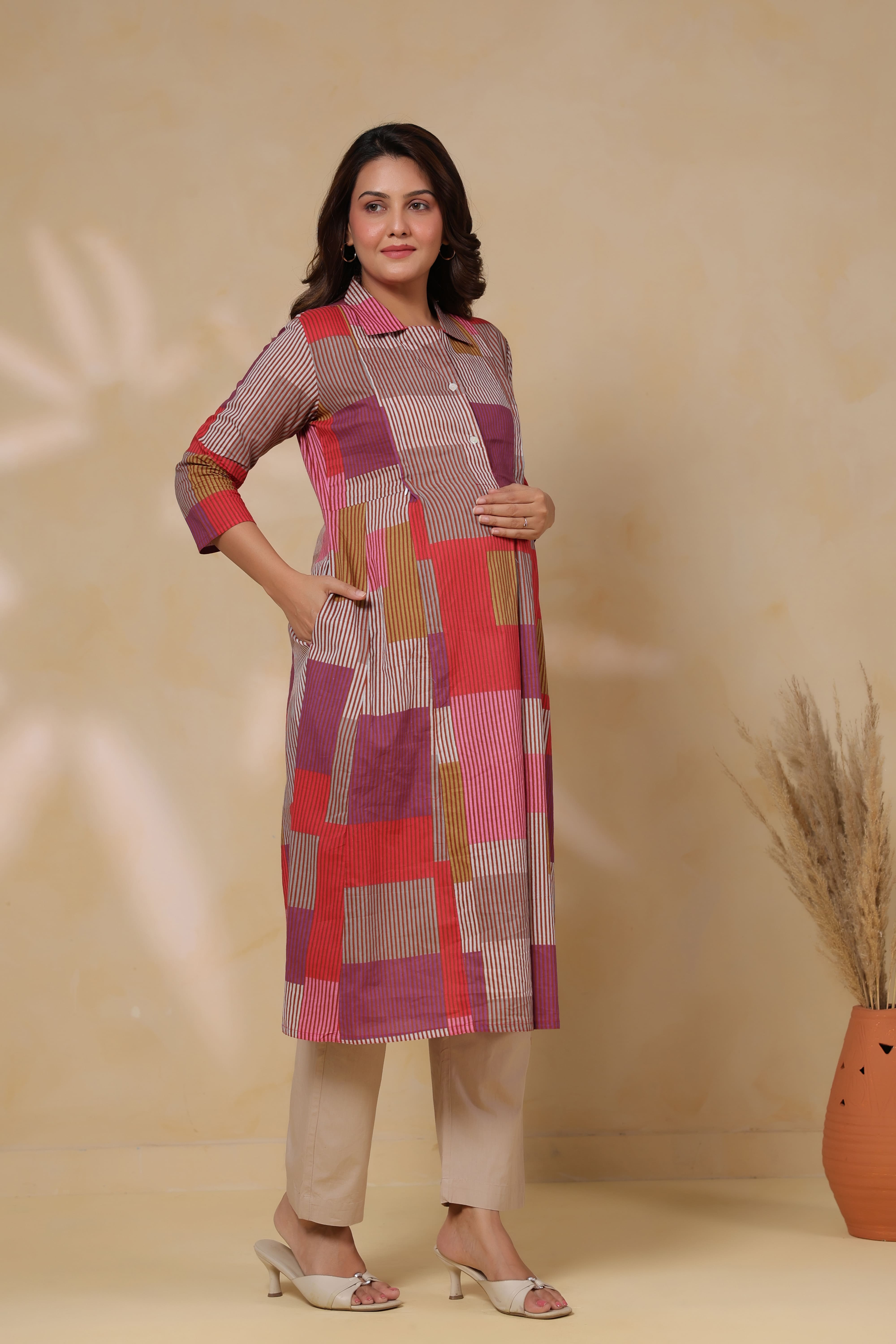 Cherry Multi Panelled Cotton Maternity - Nursing Kurta