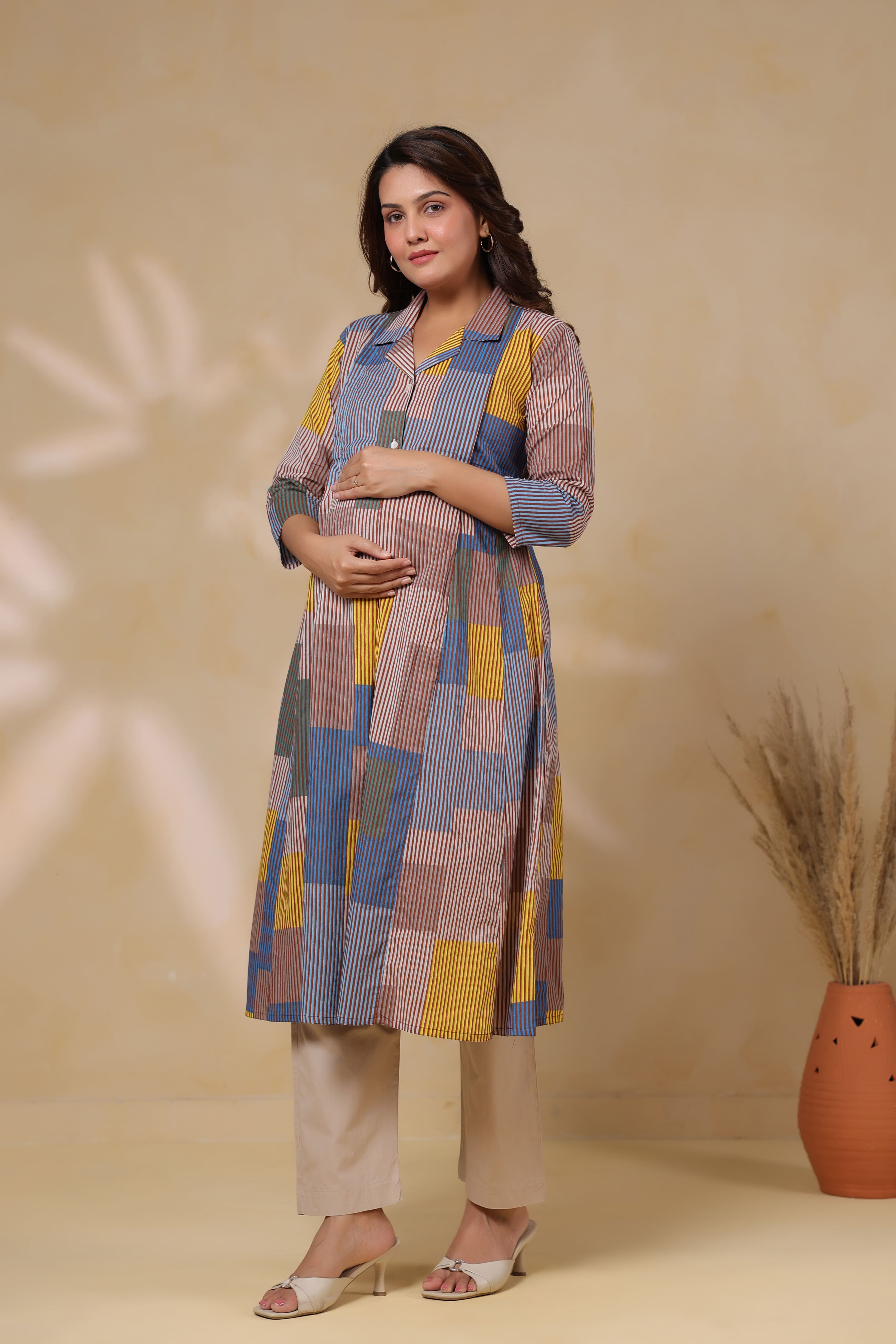 Ocean Blue Multi Panelled Cotton Maternity - Nursing Kurta