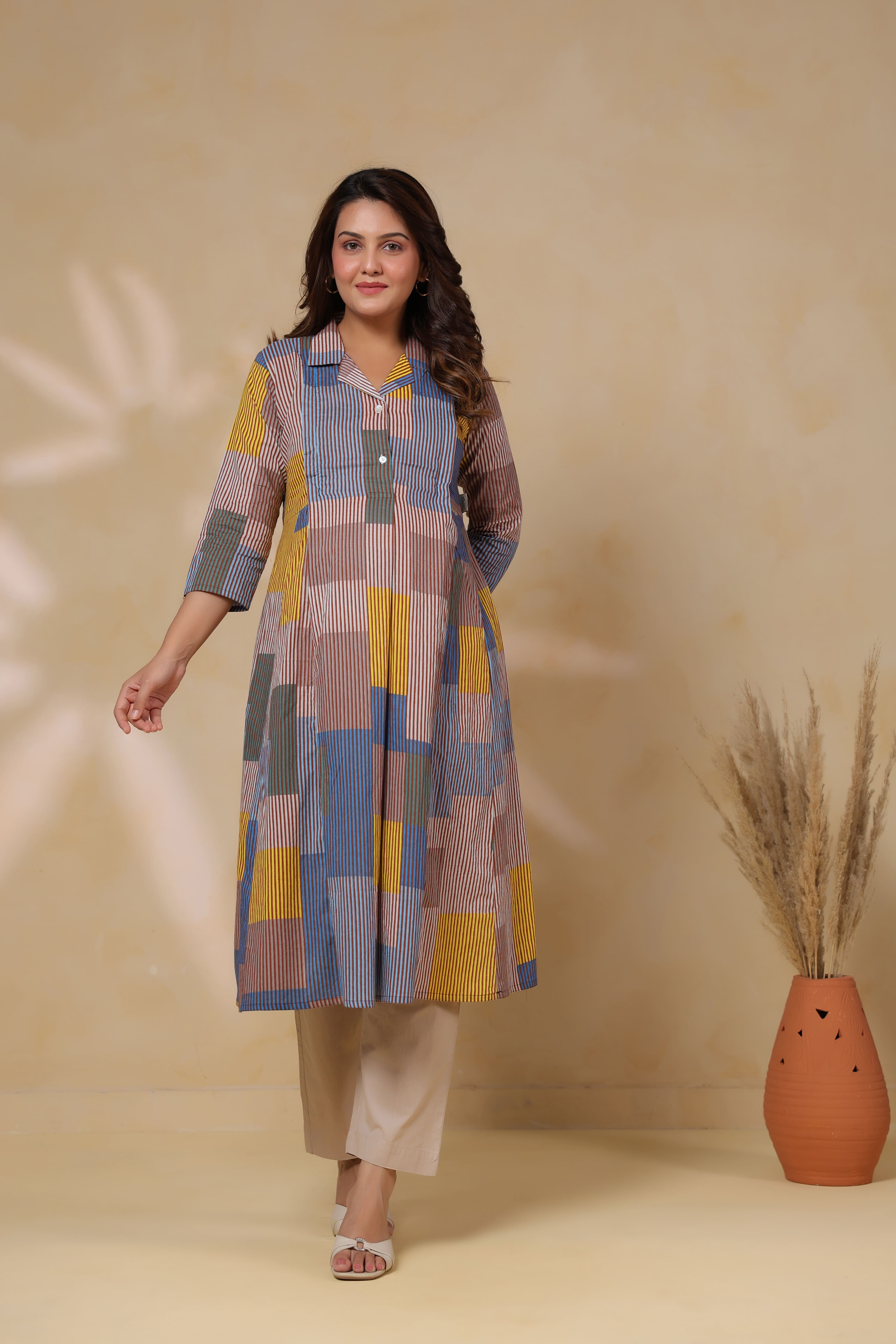 Ocean Blue Multi Panelled Cotton Maternity - Nursing Kurta