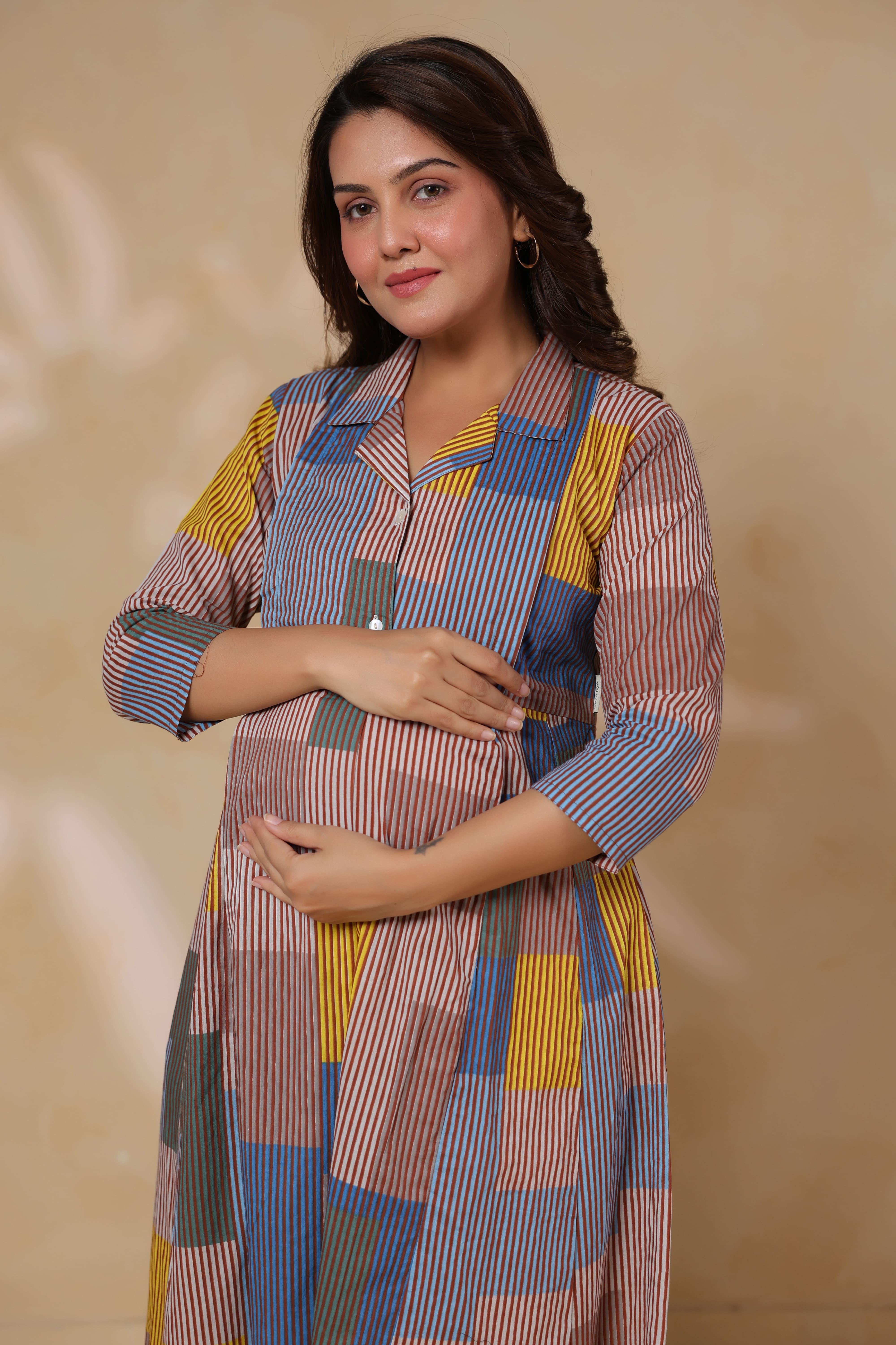 Ocean Blue Multi Panelled Cotton Maternity - Nursing Dress