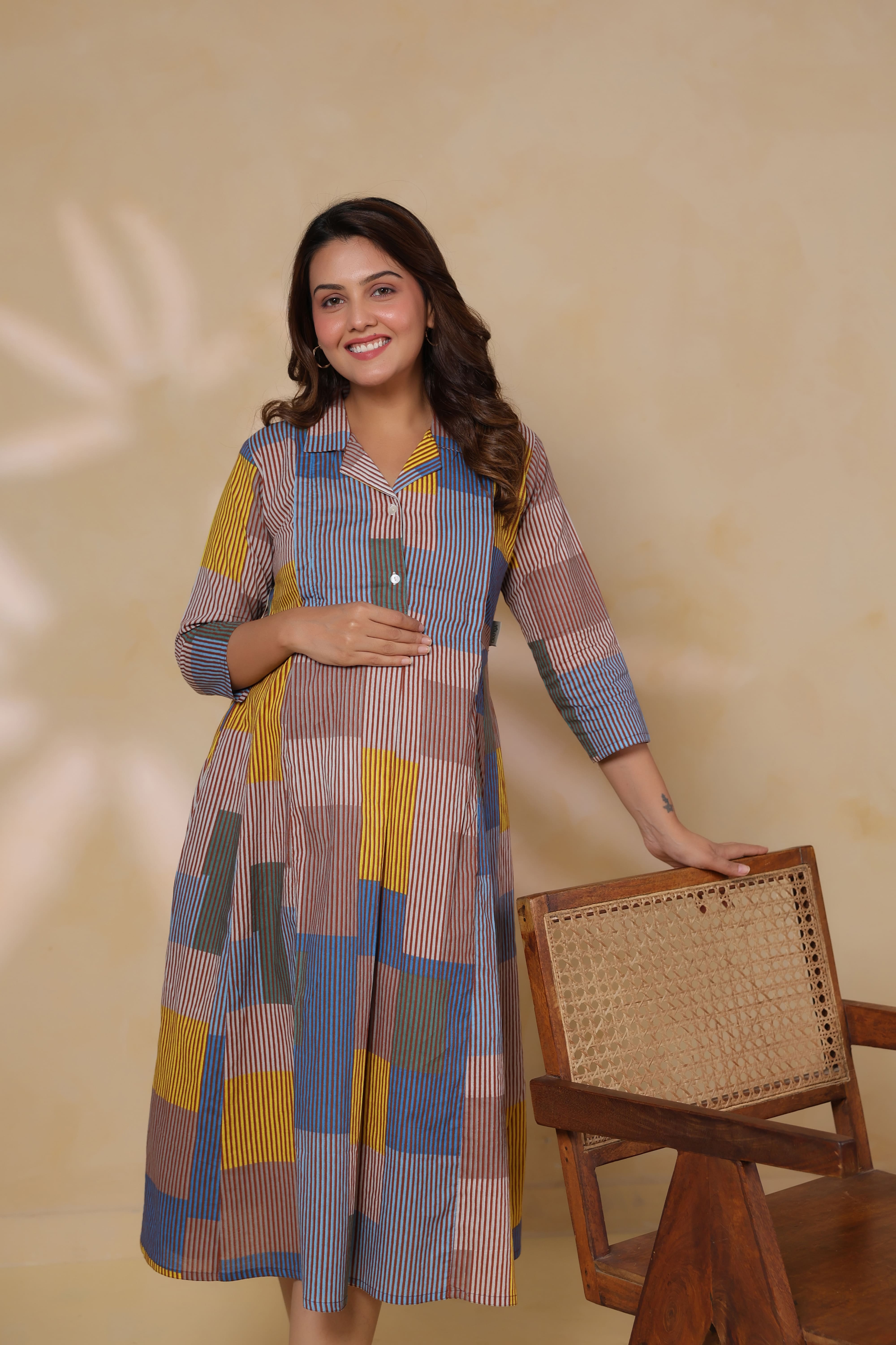 Ocean Blue Multi Panelled Cotton Maternity - Nursing Kurta