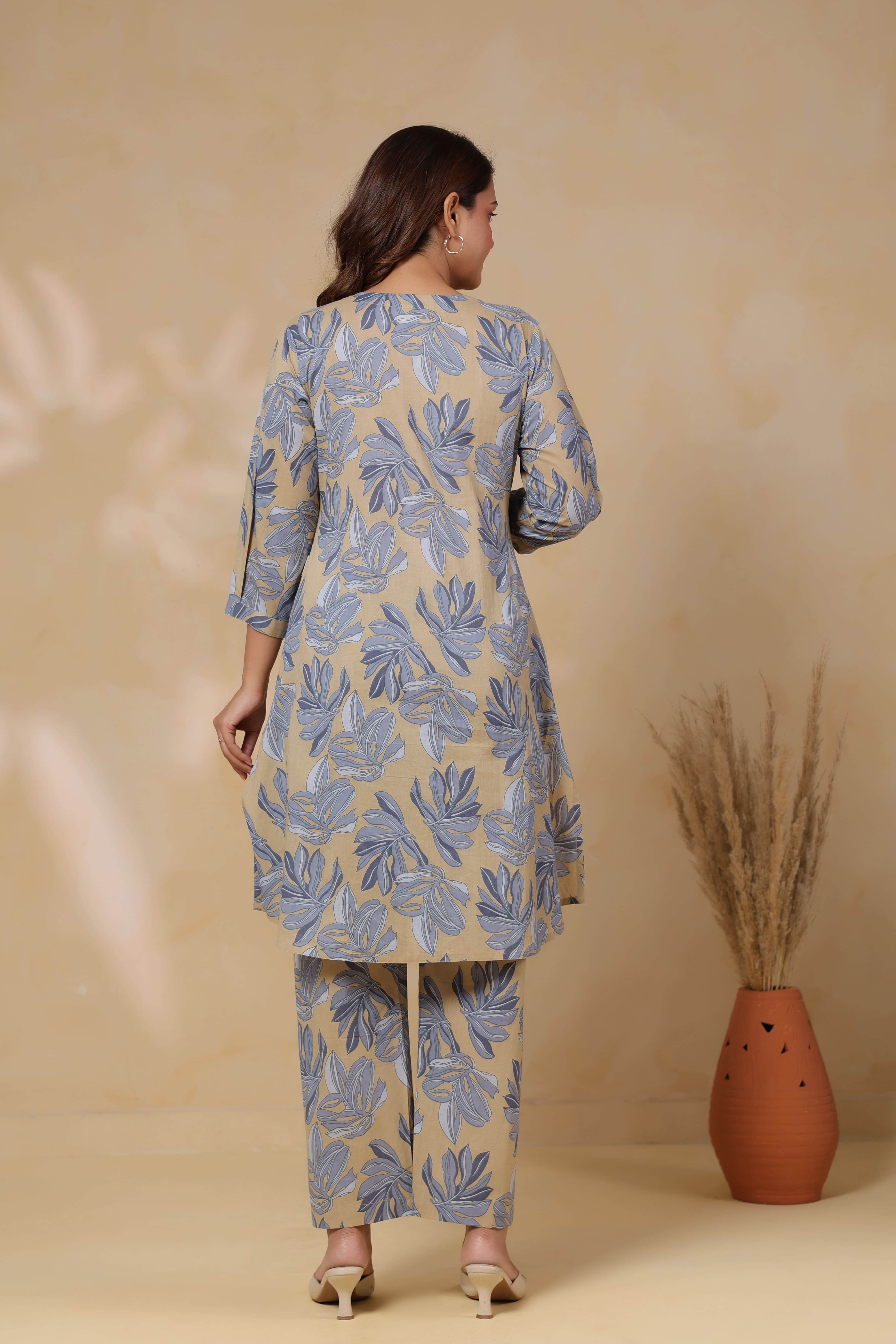 French Beige Leafy Cotton Maternity - Nursing Co-ord Set