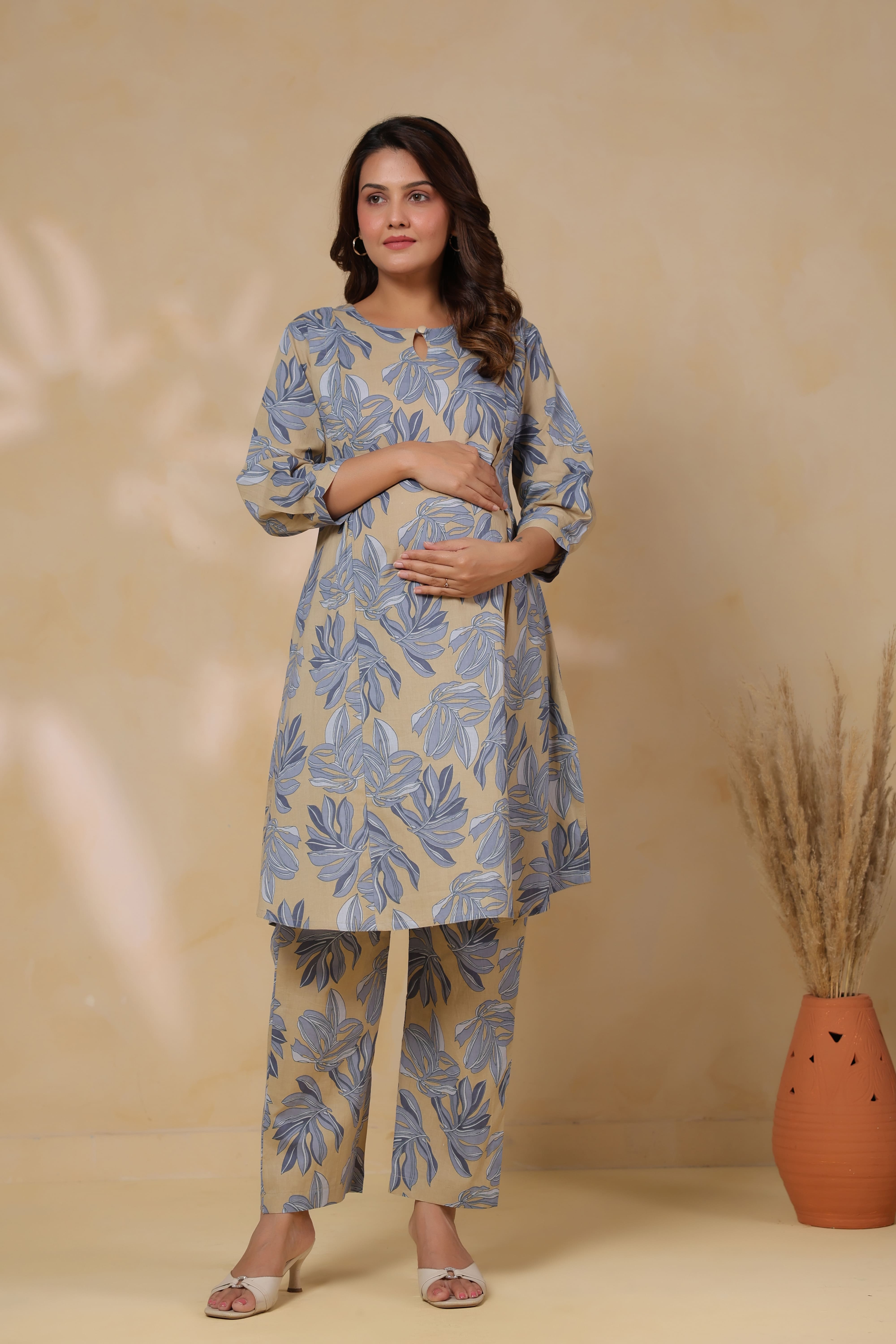 French Beige Leafy Cotton Maternity - Nursing Co-ord Set