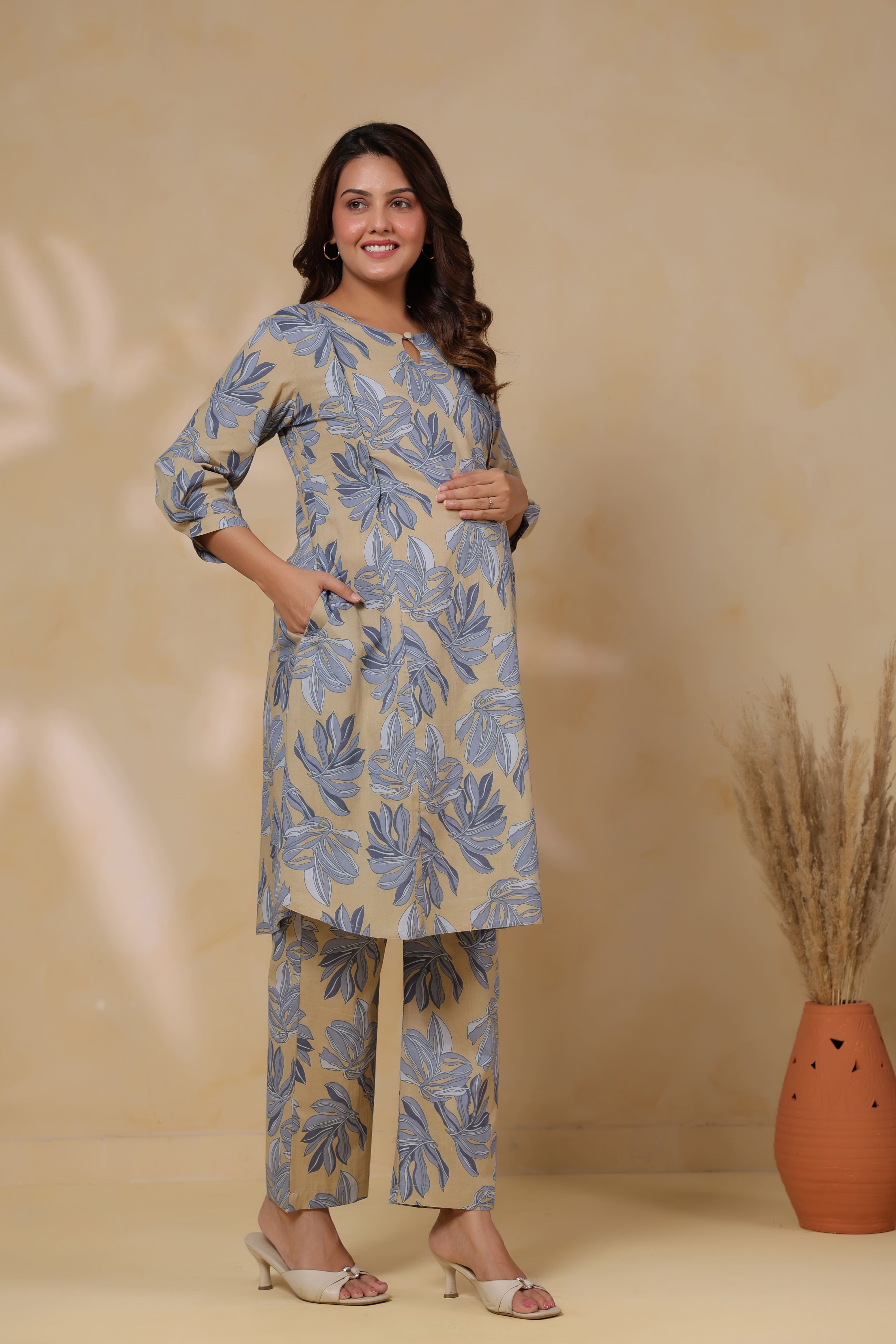 French Beige Leafy Cotton Maternity - Nursing Co-ord Set